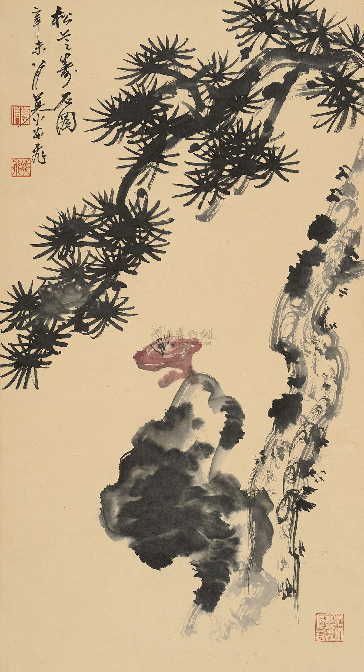0409辛未1991年作松芝寿石图立轴设色纸本