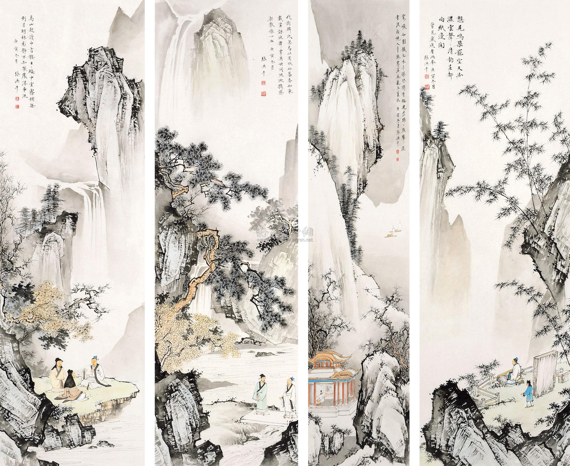 0493庚寅2010年作山水四条屏镜框设色纸本