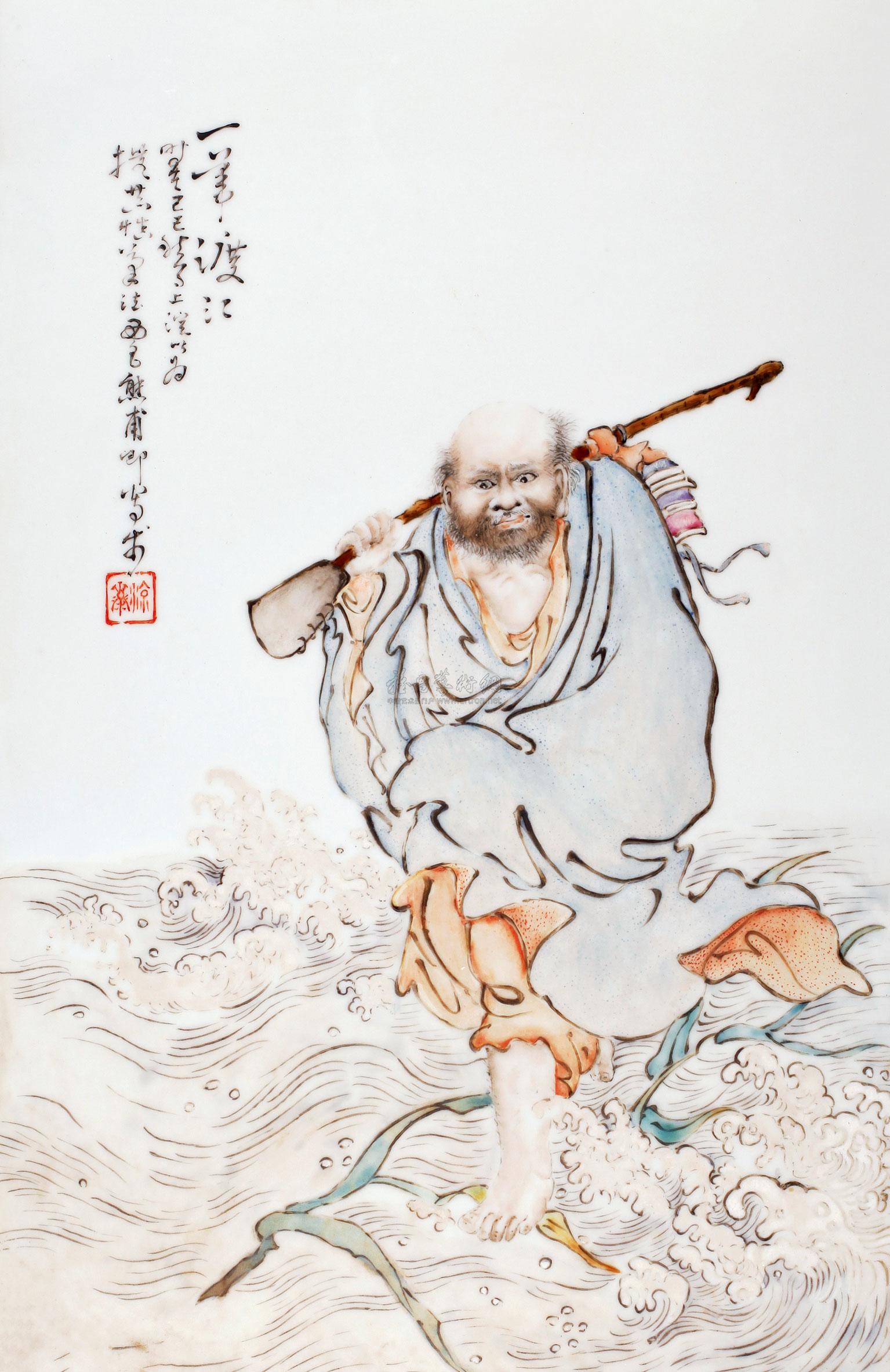 9053民国熊甫卿粉彩达摩渡江图瓷板