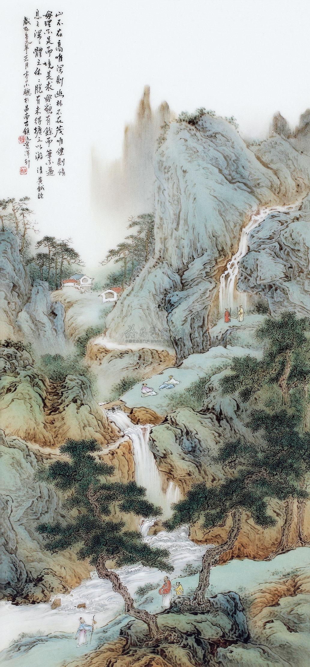 28462001年作李小聪粉彩山水竹林七贤听瀑图瓷板