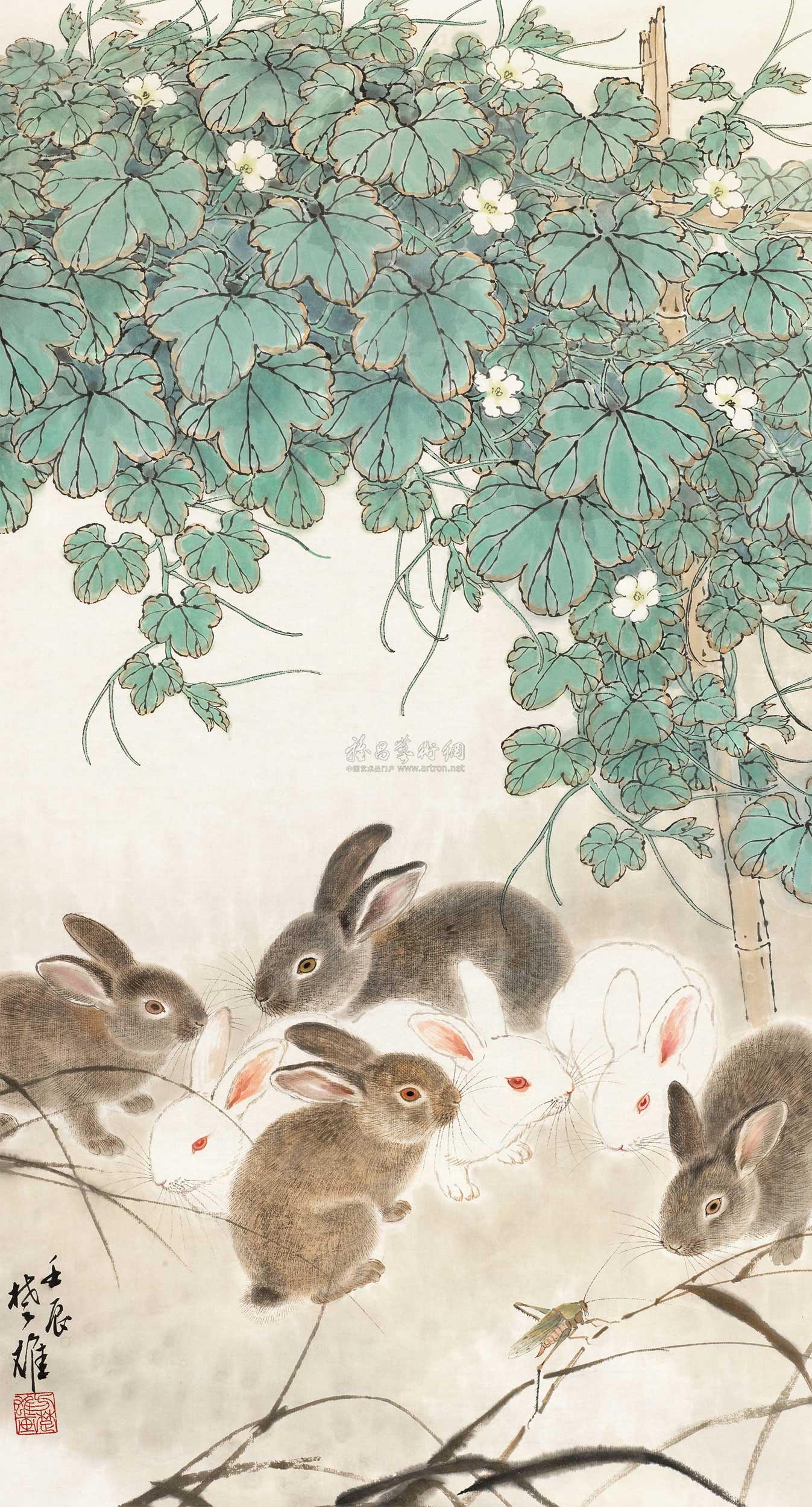 04892012年作瓜荫群兔镜心纸本
