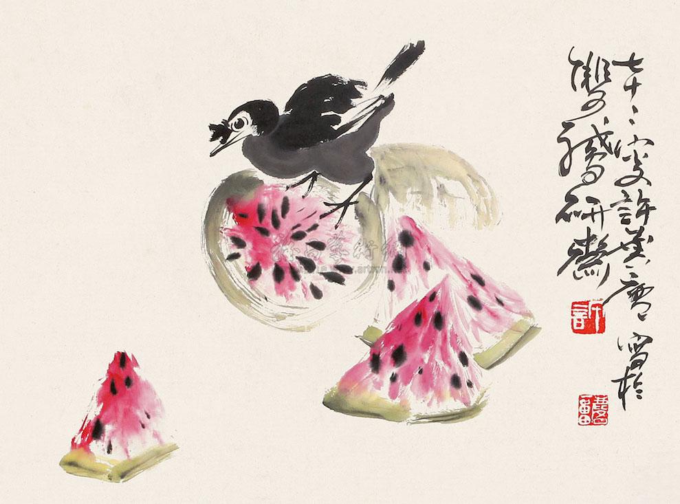 1033西瓜小鸟立轴纸本