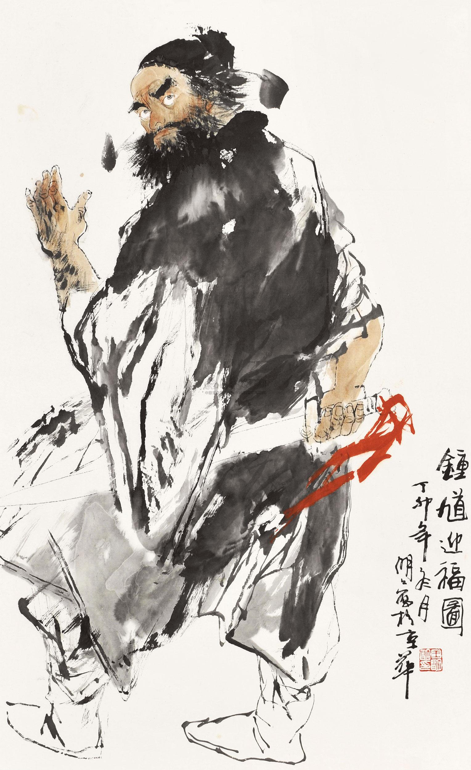0010钟馗迎福图镜心设色纸本