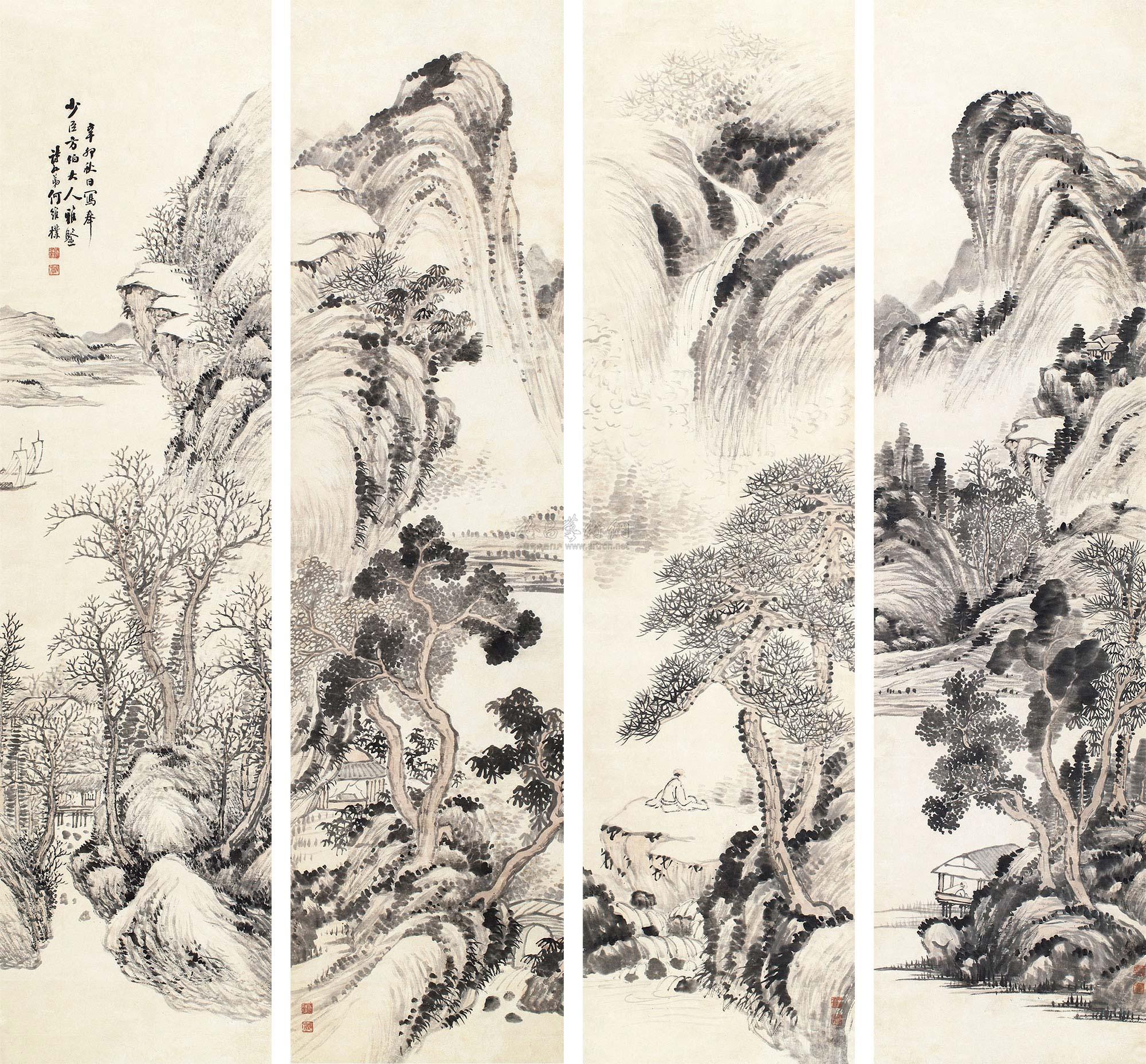 02031891年作山水四条屏立轴设色纸本