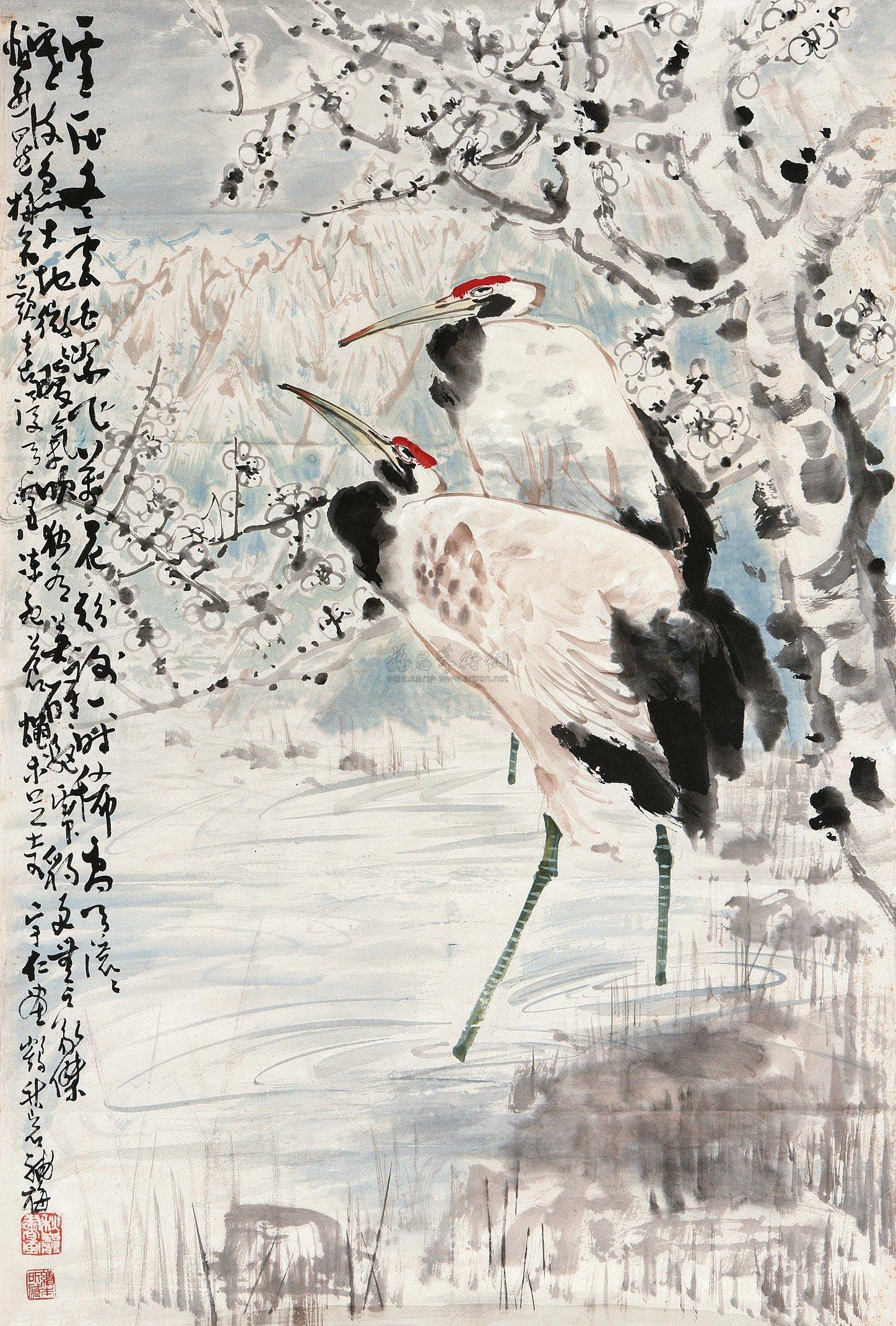 0315梅鹤镜心设色纸本