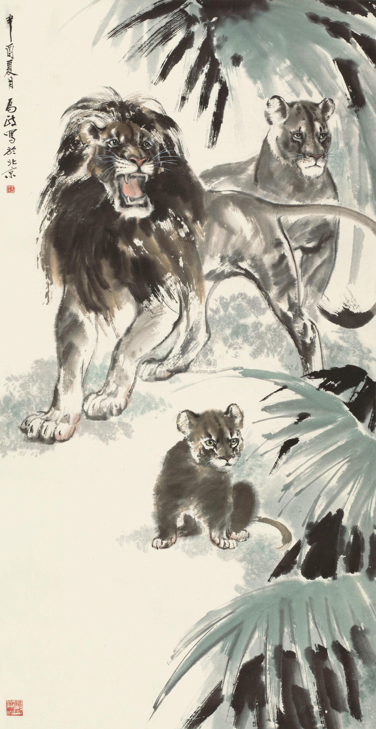 【辛酉(1981)年作 群狮 镜心 设色纸本】拍卖品_图片_价格_鉴赏_绘画