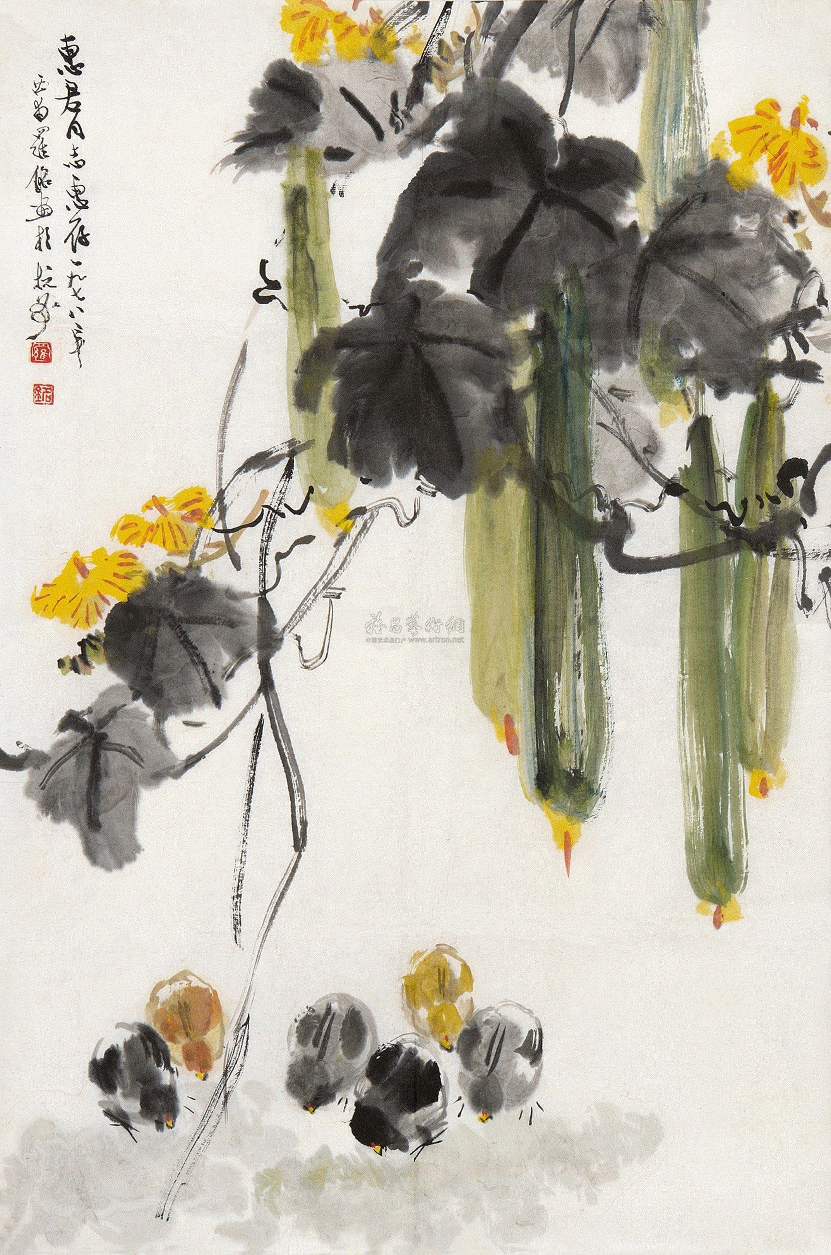 0064 丝瓜小鸡 镜心 设色纸本