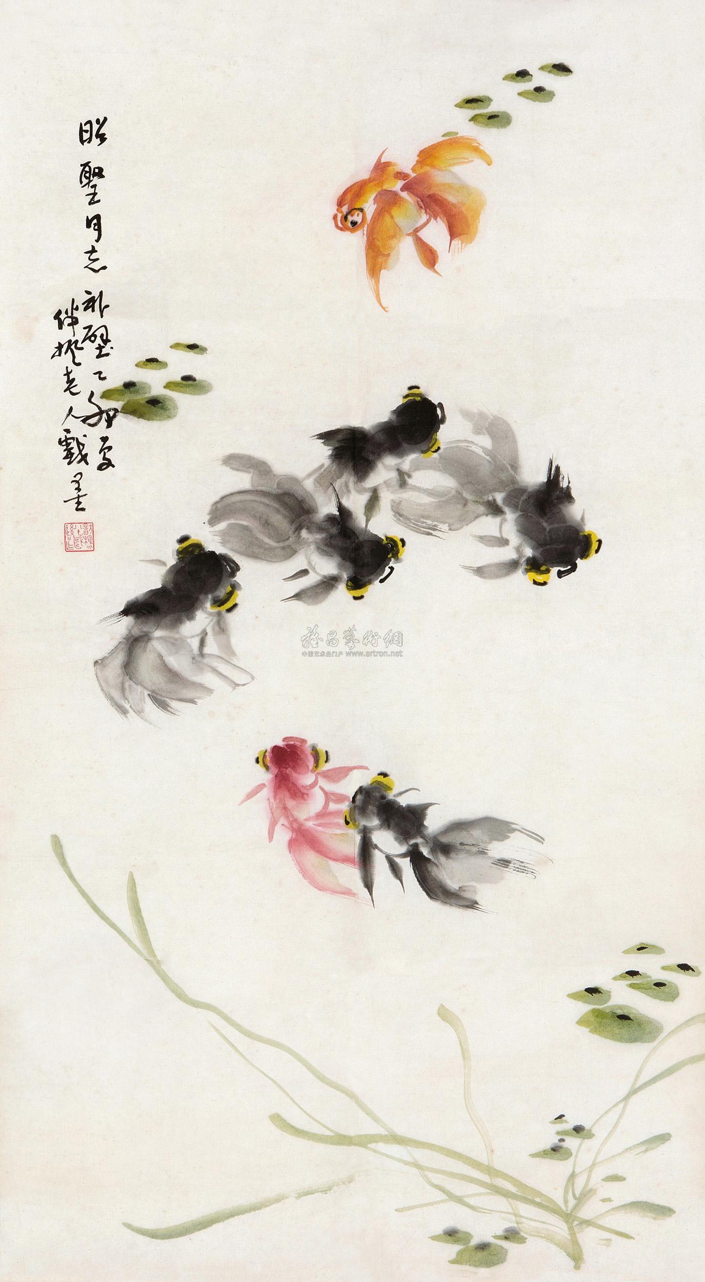 0146水草金鱼镜心设色纸本