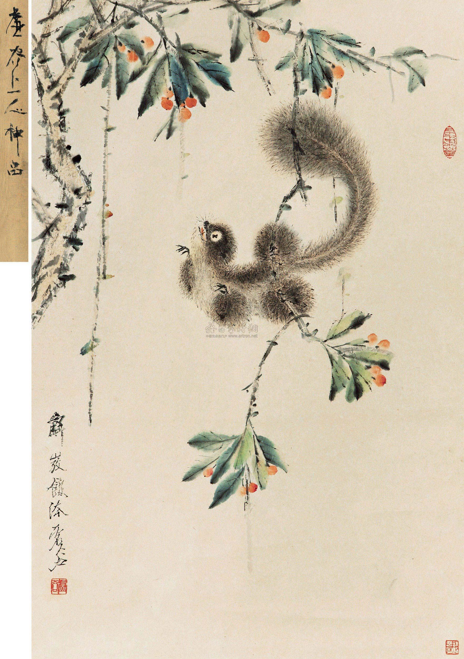 0726枇杷松鼠立轴设色纸本