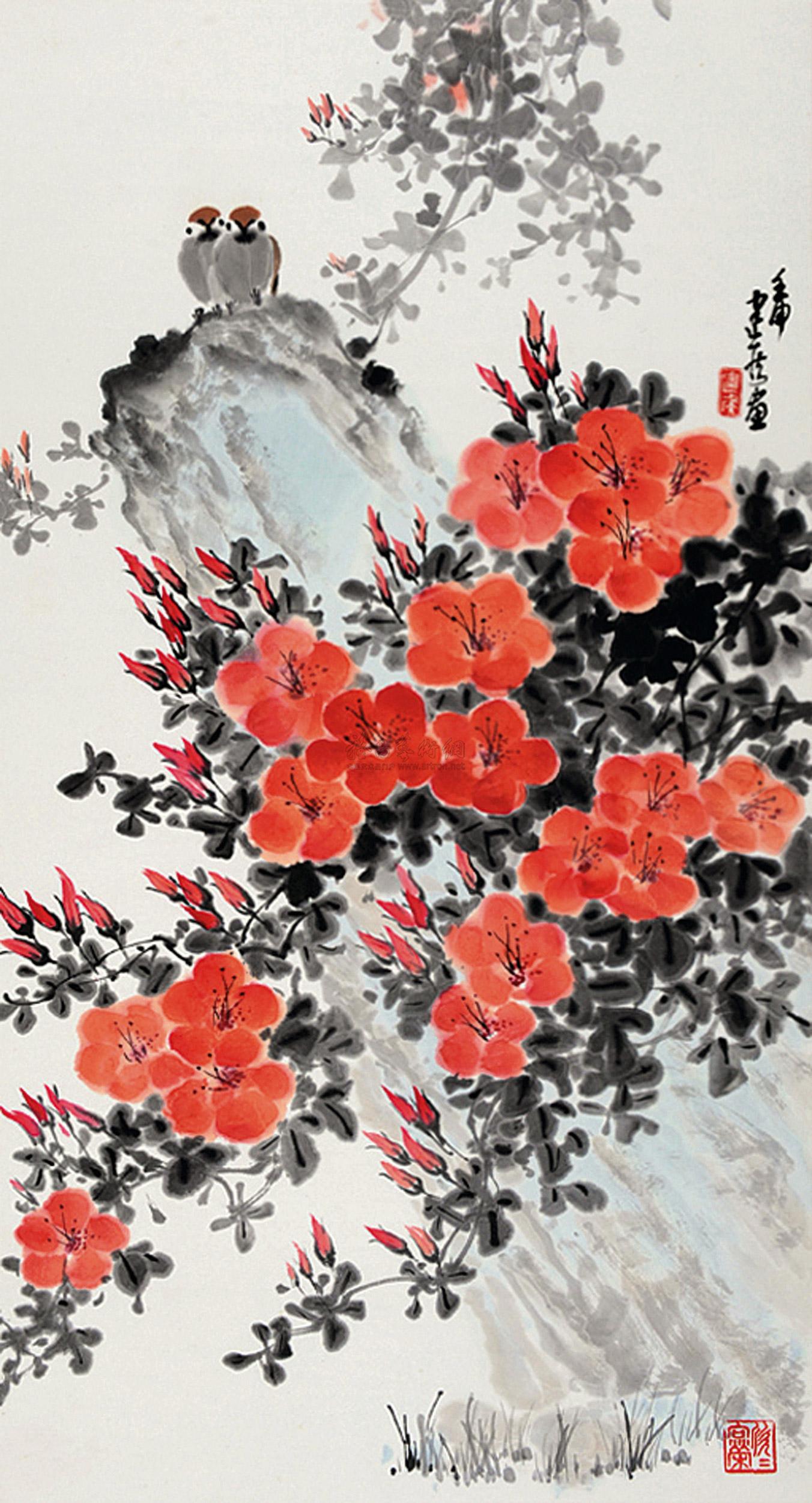 0224双雀迎春立轴设色纸本