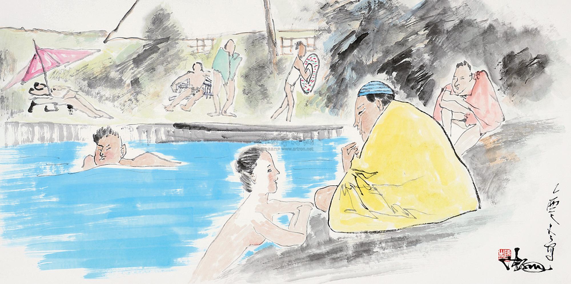 1255泳池一景镜片设色纸本