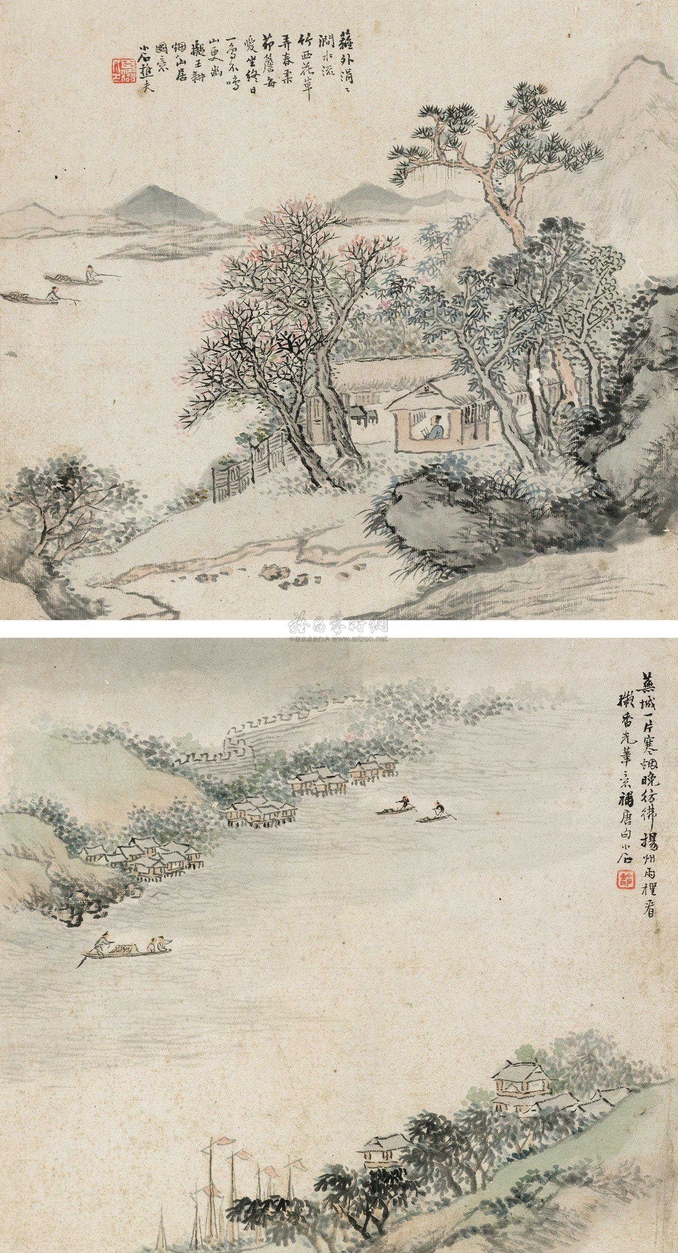【山居图 (两帧) 镜框 设色纸本】拍卖品_图片_价格_鉴赏_绘画_雅昌