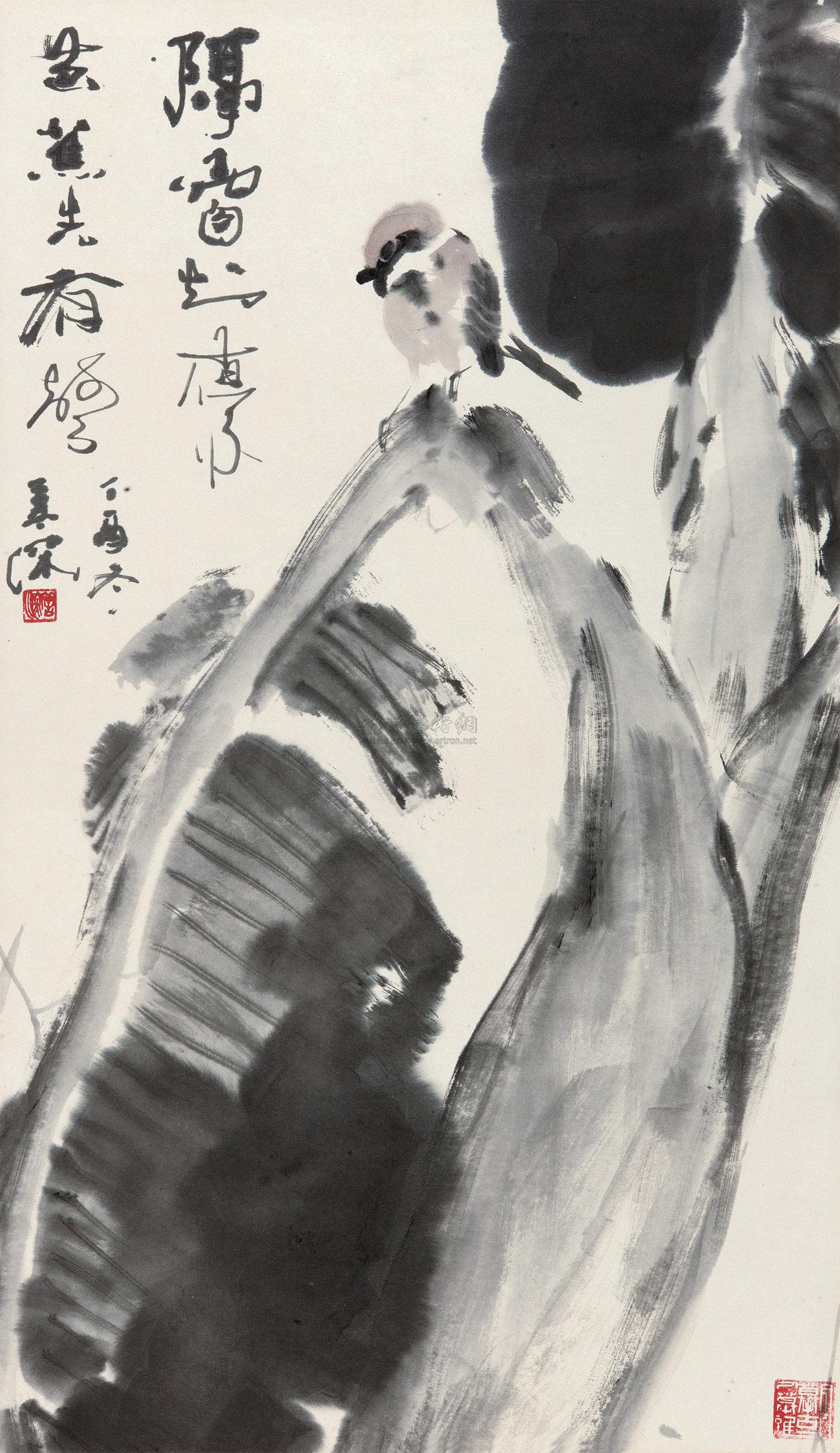 0128 芭蕉小鸟 立轴 设色纸本