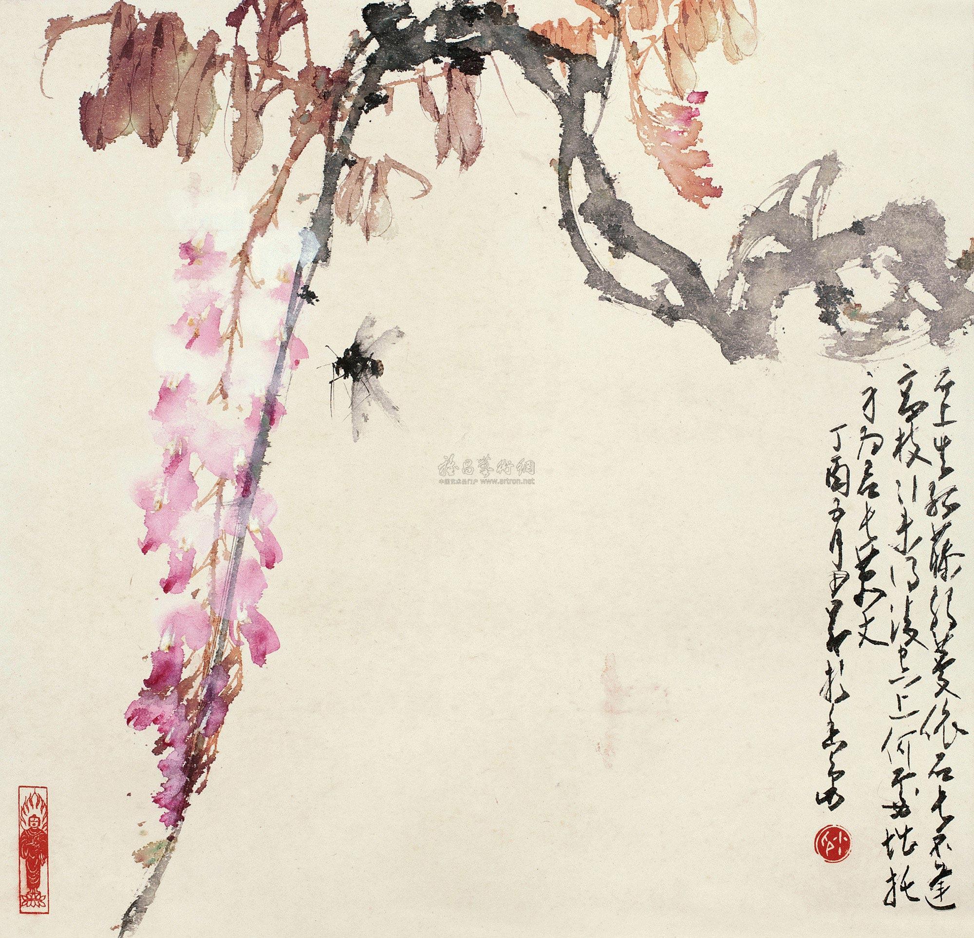 0874丁酉1957年作藤花蜜蜂镜心纸本