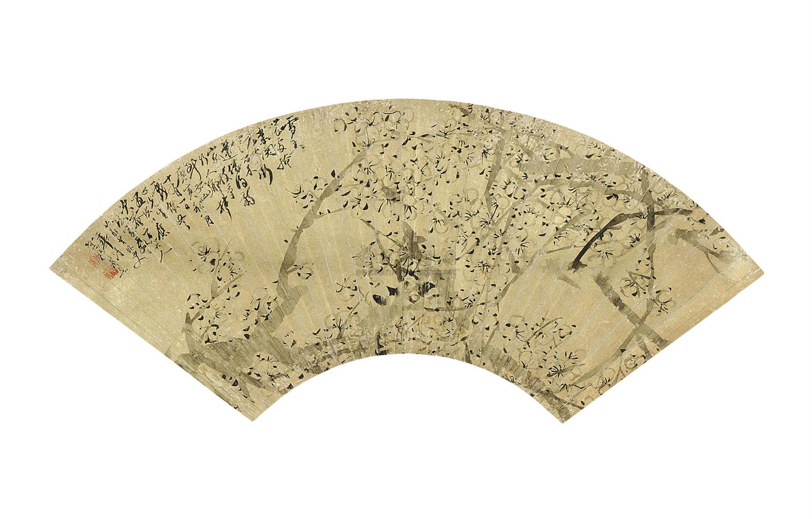 1642 清 梅花 扇面立轴 水墨金笺