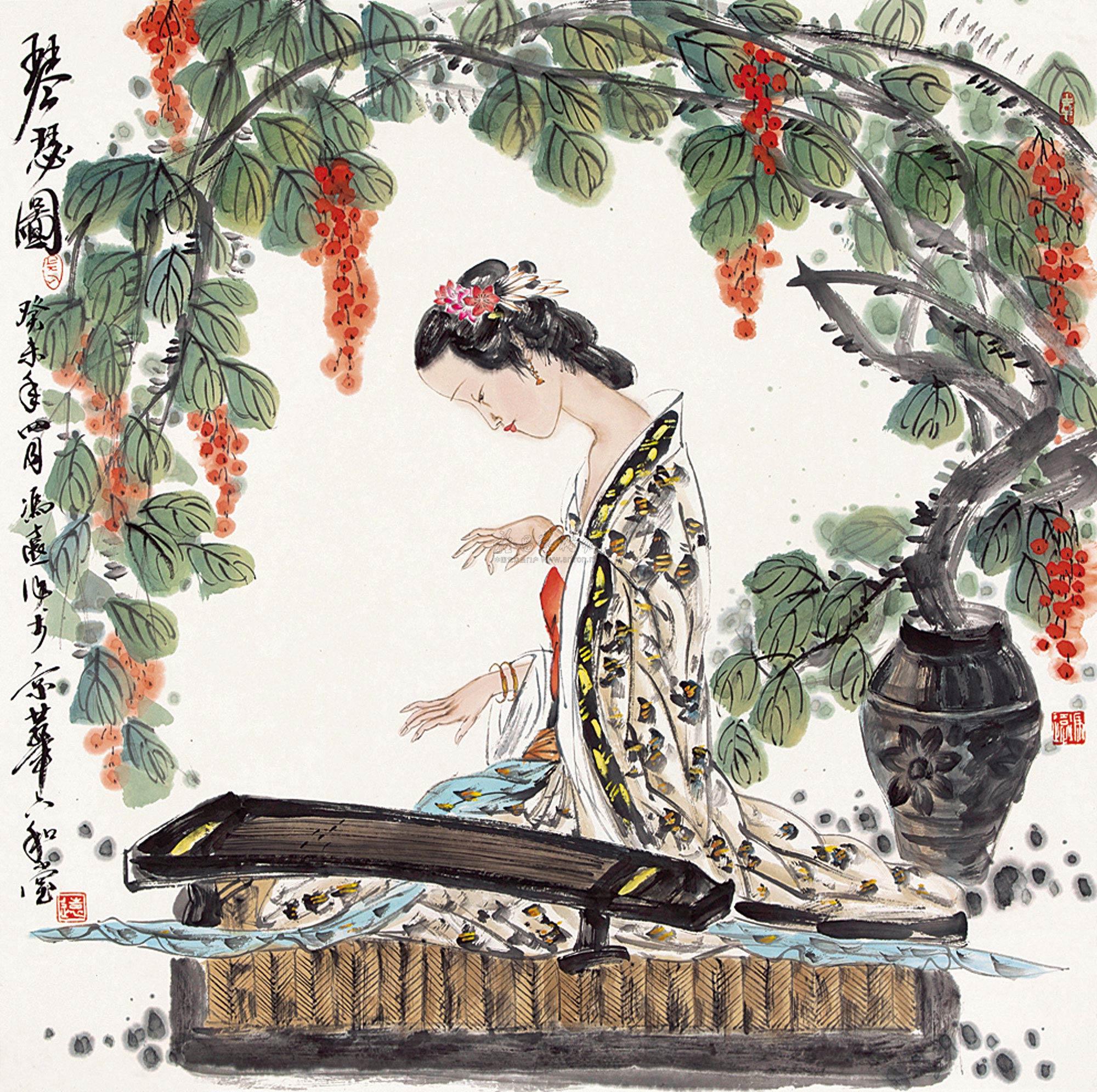 0168琴瑟图镜片纸本