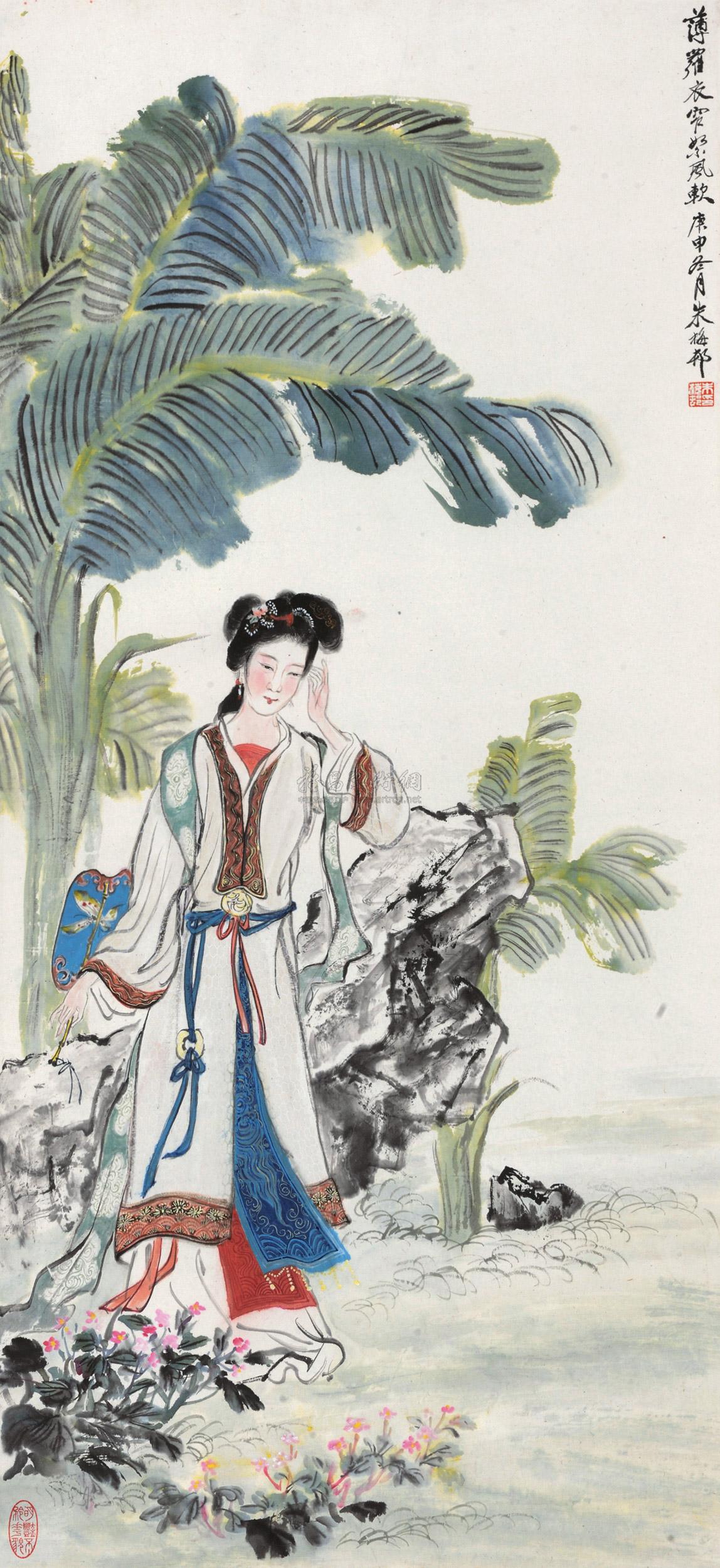 3942芭蕉仕女镜心设色纸本