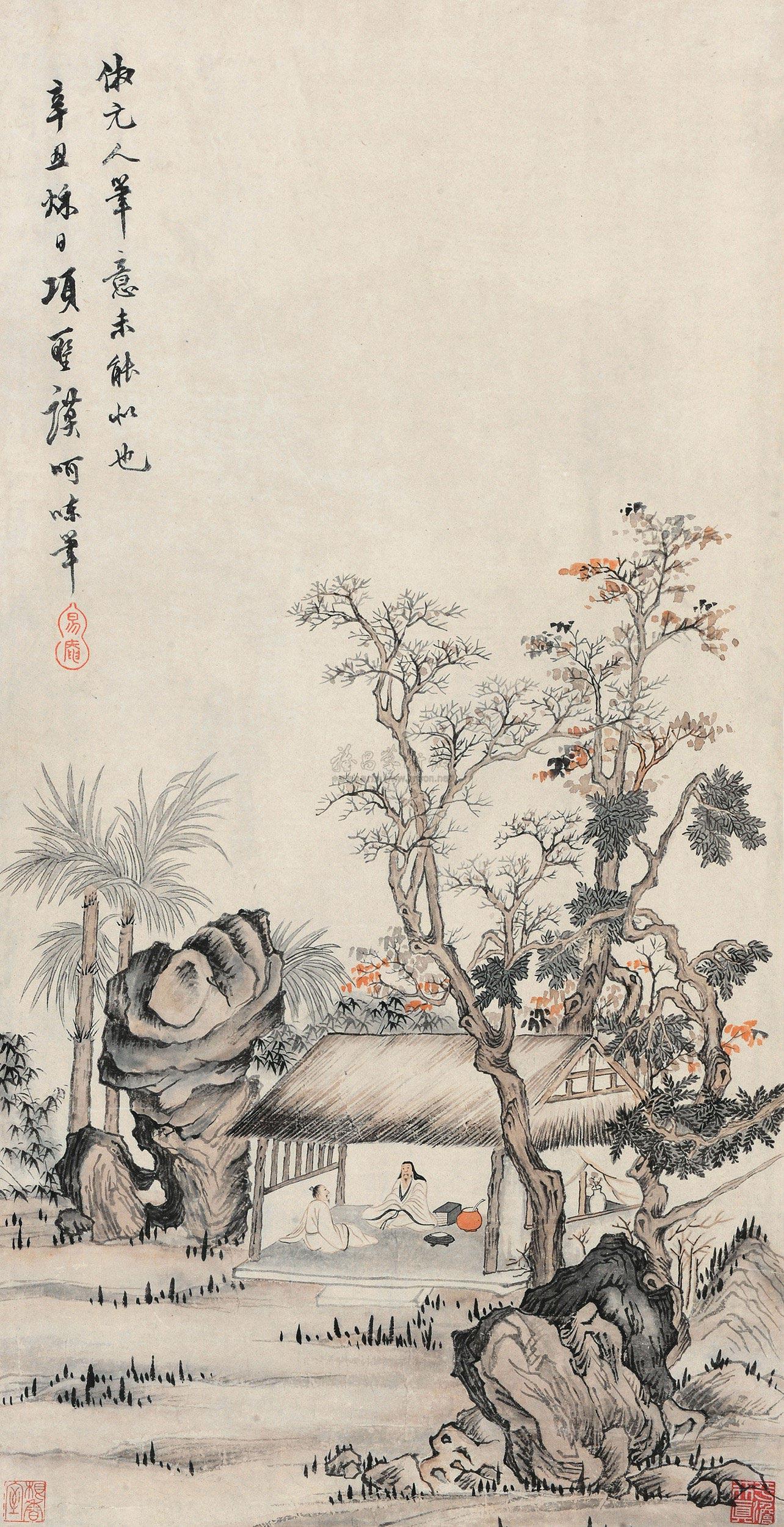 5946 草阁读书 立轴 设色纸本