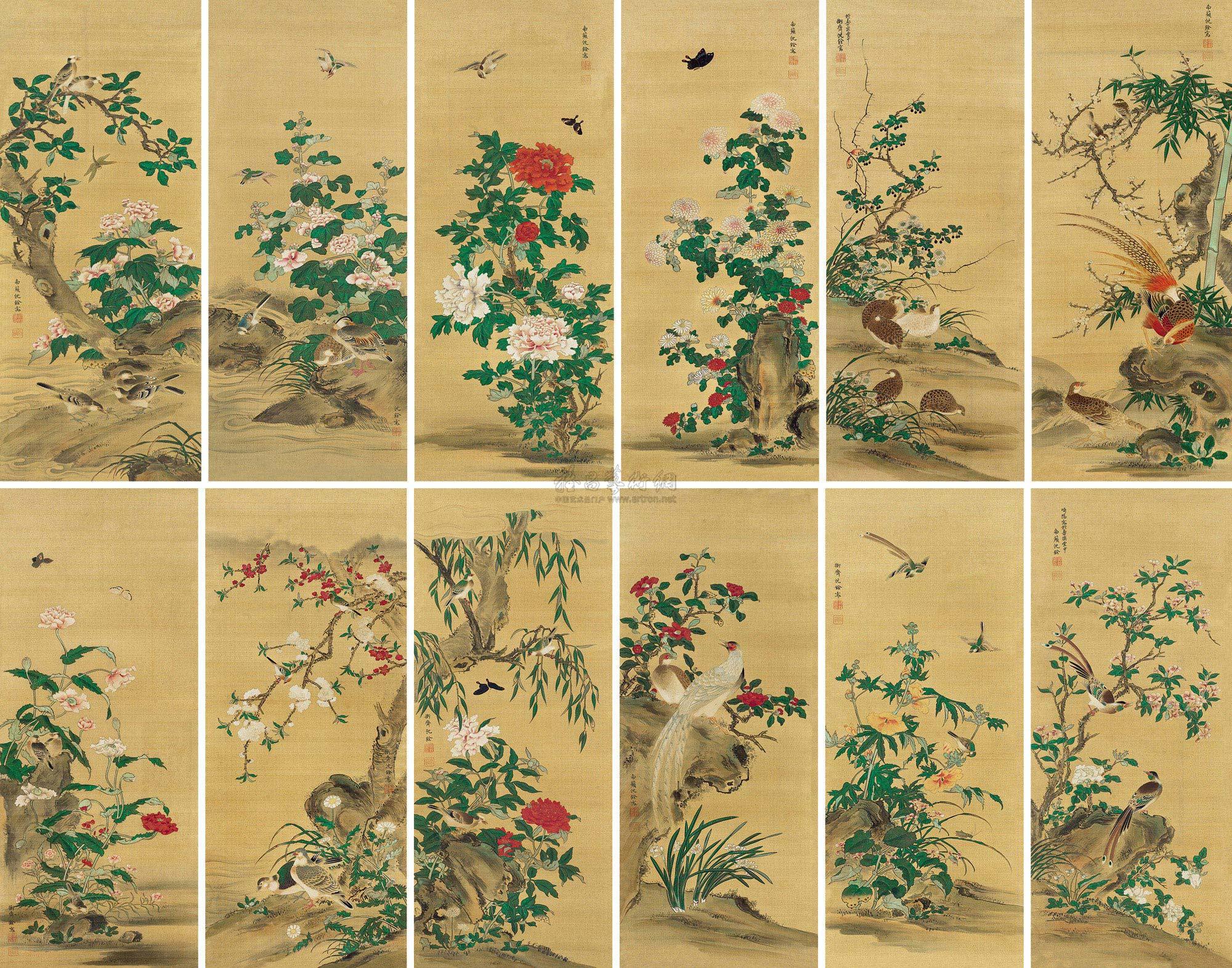 0376 花满枝头鸟蝶舞 屏风 (十二屏) 设色纸本