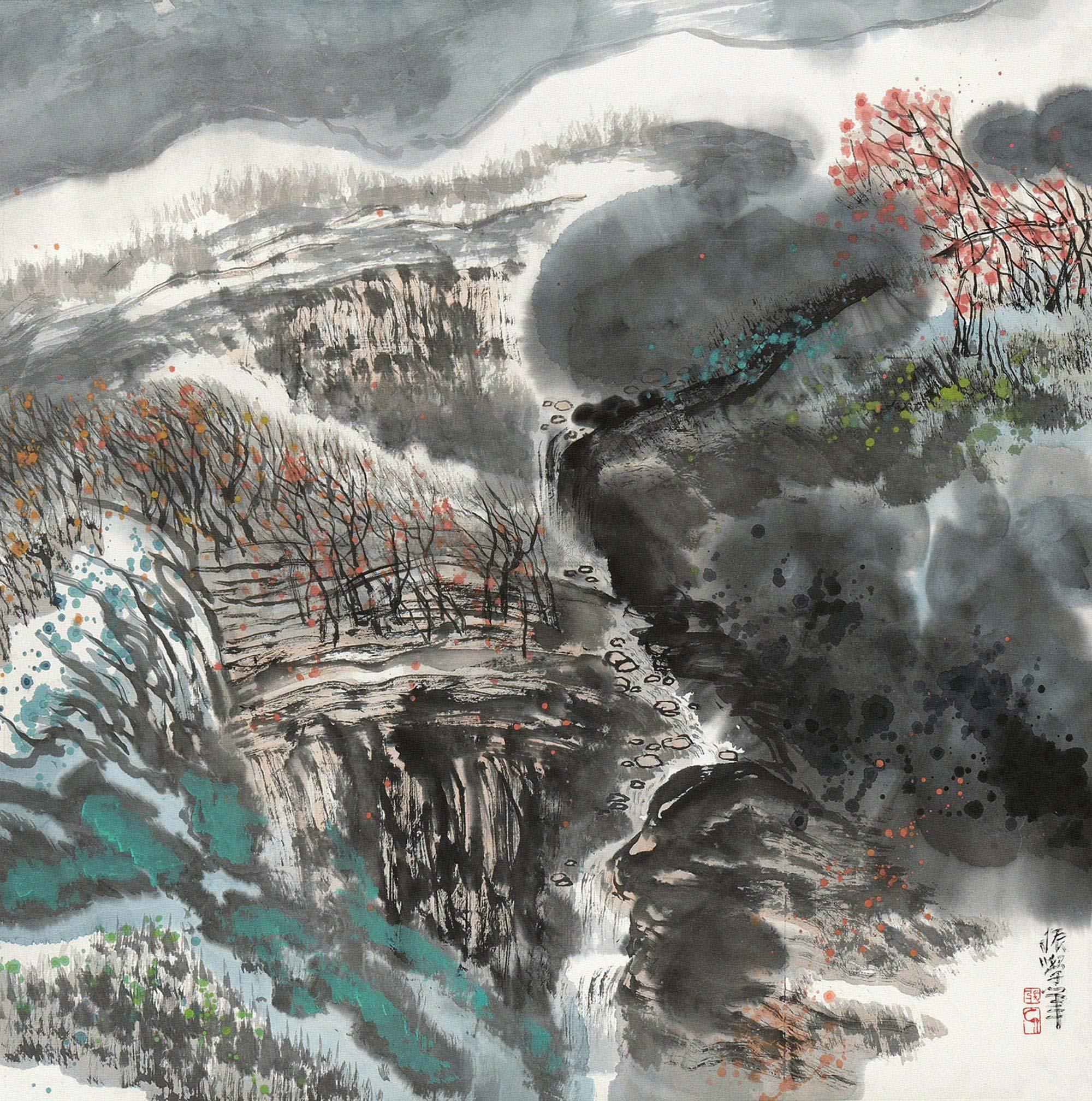0346秋林山溪镜片设色纸本