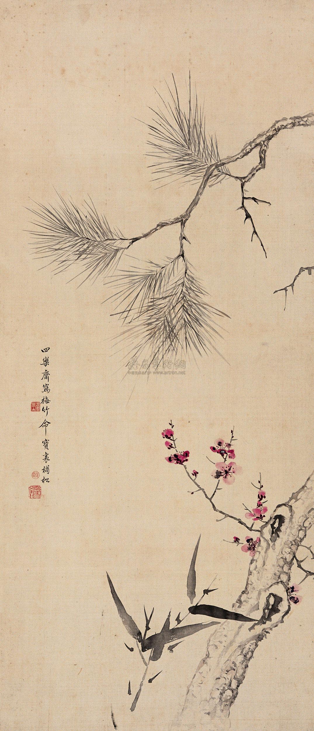 0088三友图立轴设色绢本