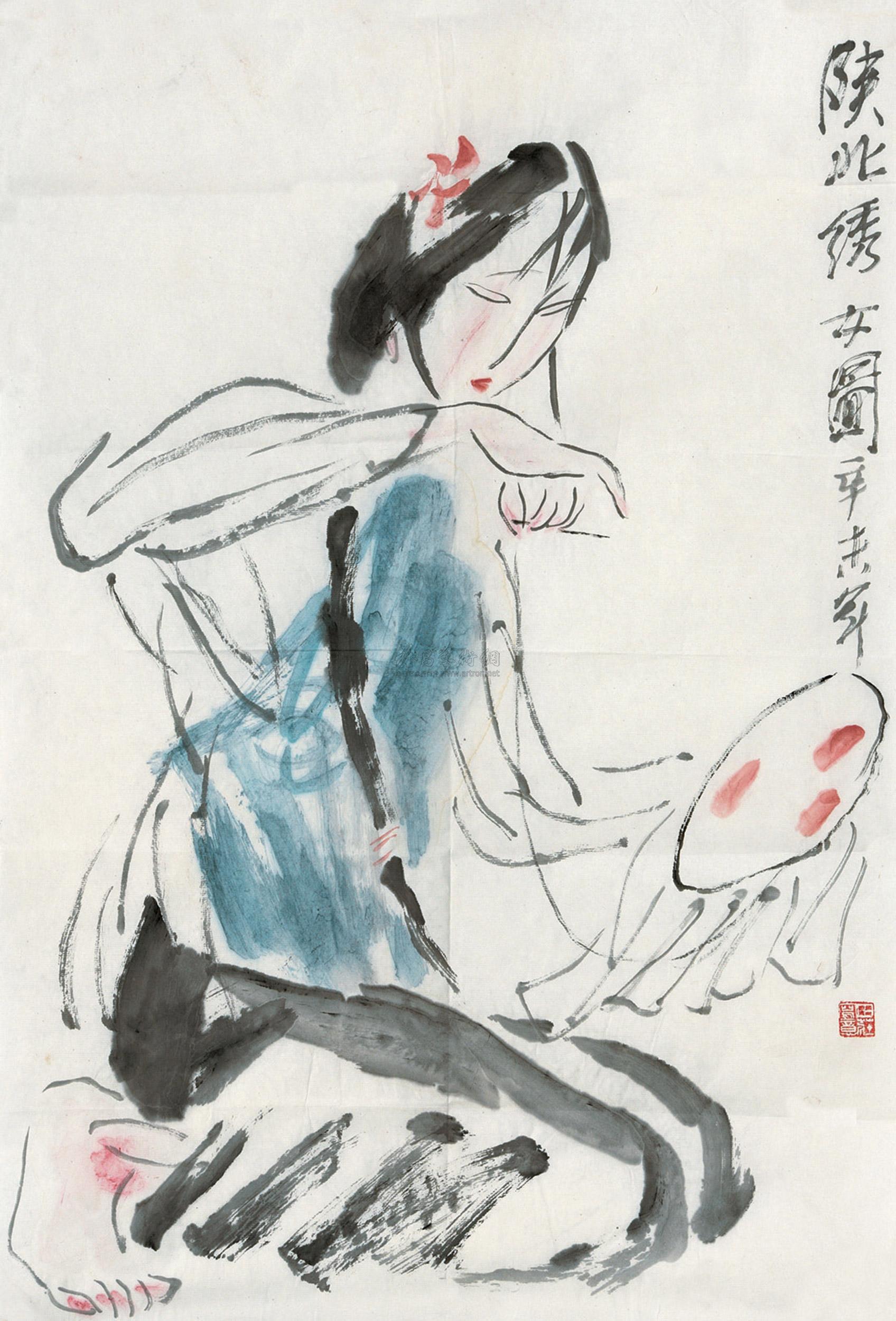 0028 陕北绣女图 镜心 设色纸本