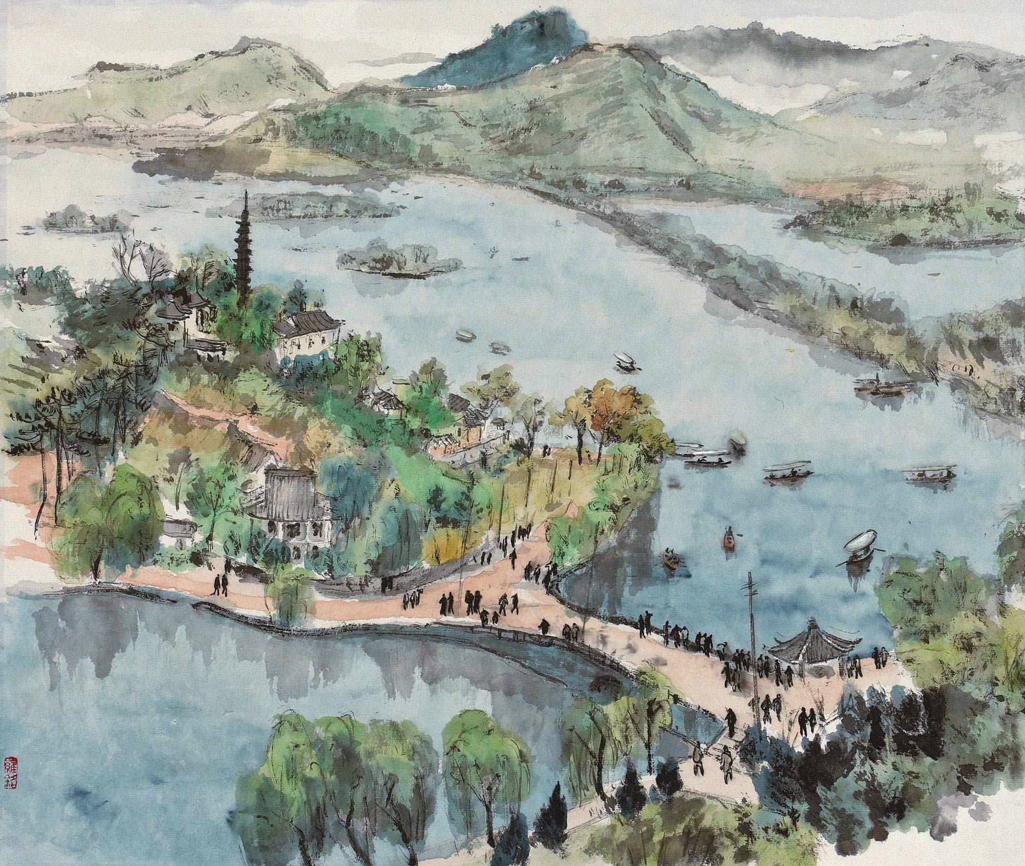 【杭州西湖游客多 镜心 设色纸本】拍卖品_图片_价格_鉴赏_绘画_雅昌