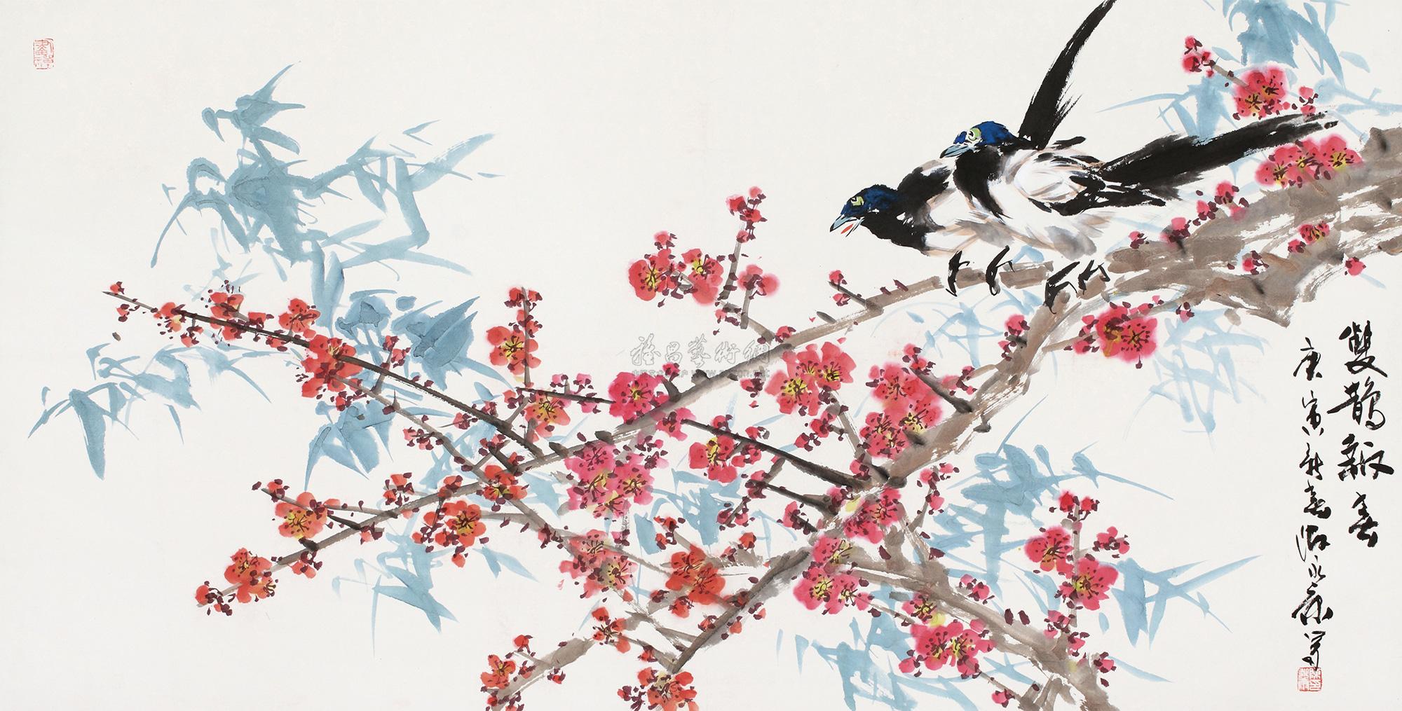 0159双鹊报春镜心设色纸本