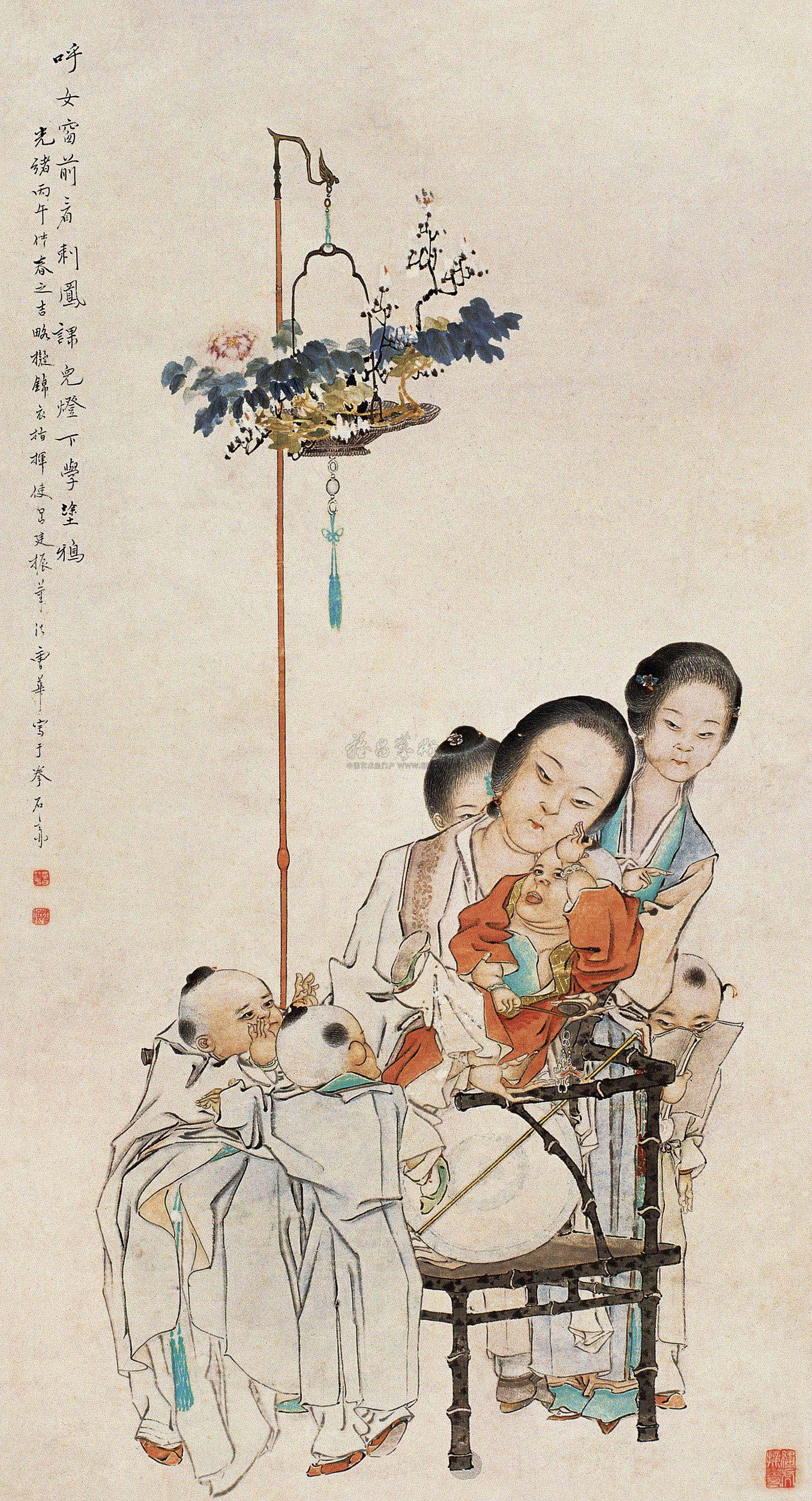 0016丙午1906年作教子图立轴设色纸本