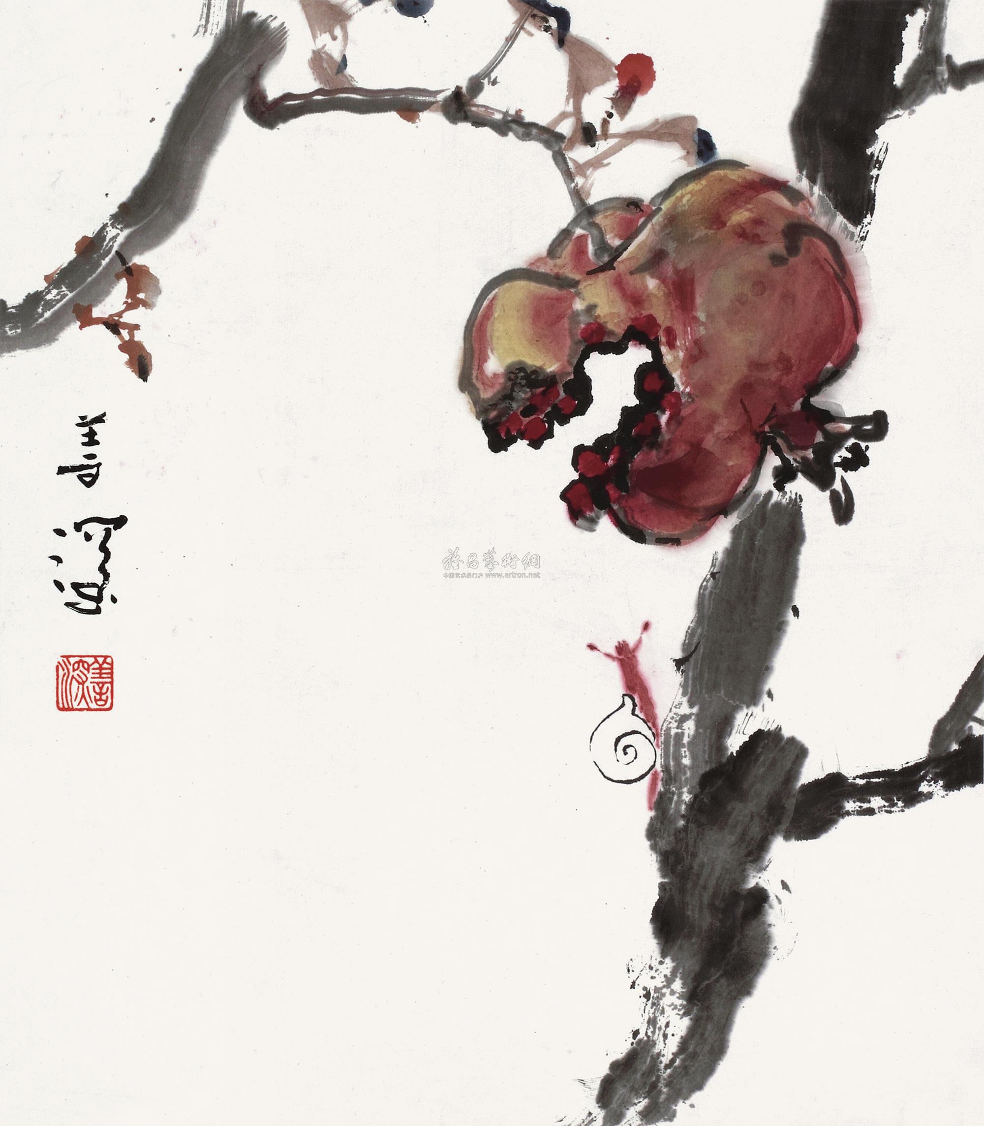 0363 石榴蜗牛 镜框 设色纸本