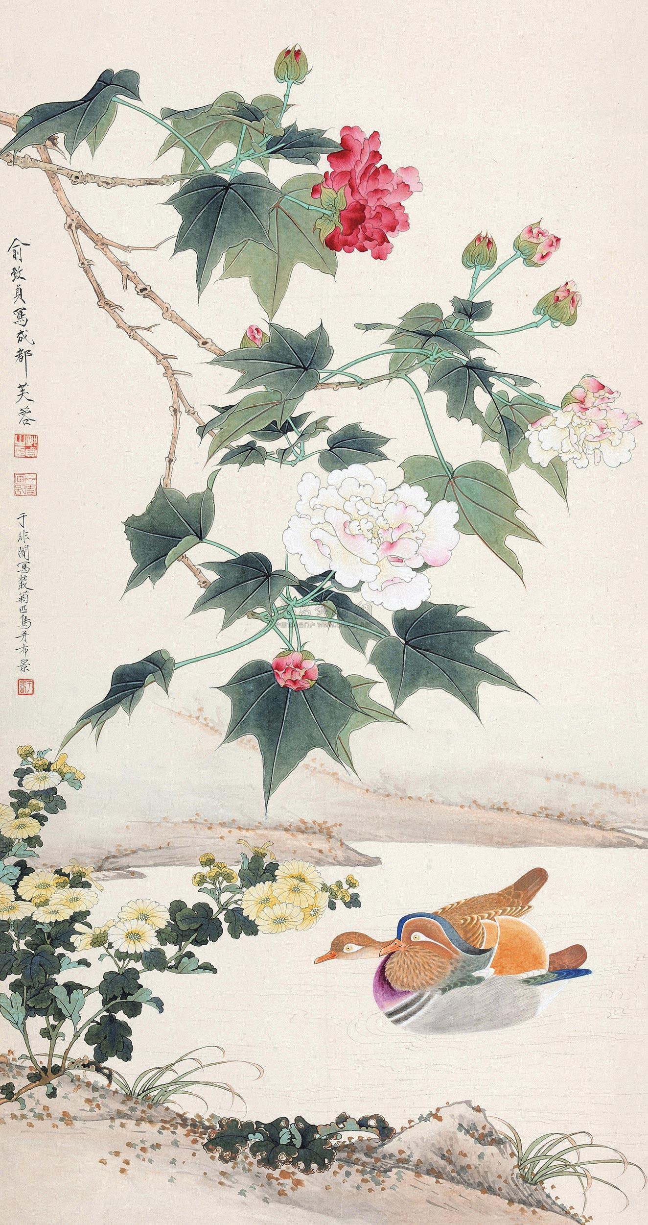 4648芙蓉水鸟图立轴设色纸本