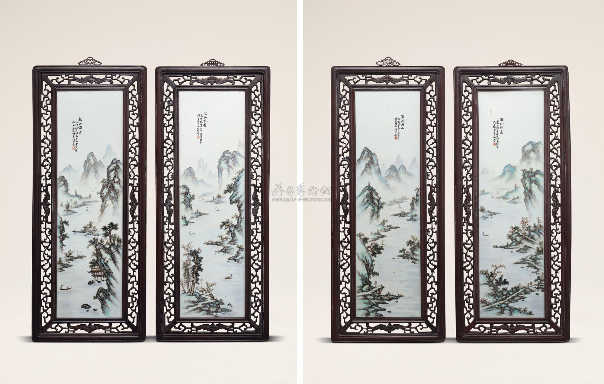 6724民国28年1939汪野亭粉彩湖光秋景图长条瓷板挂屏四屏