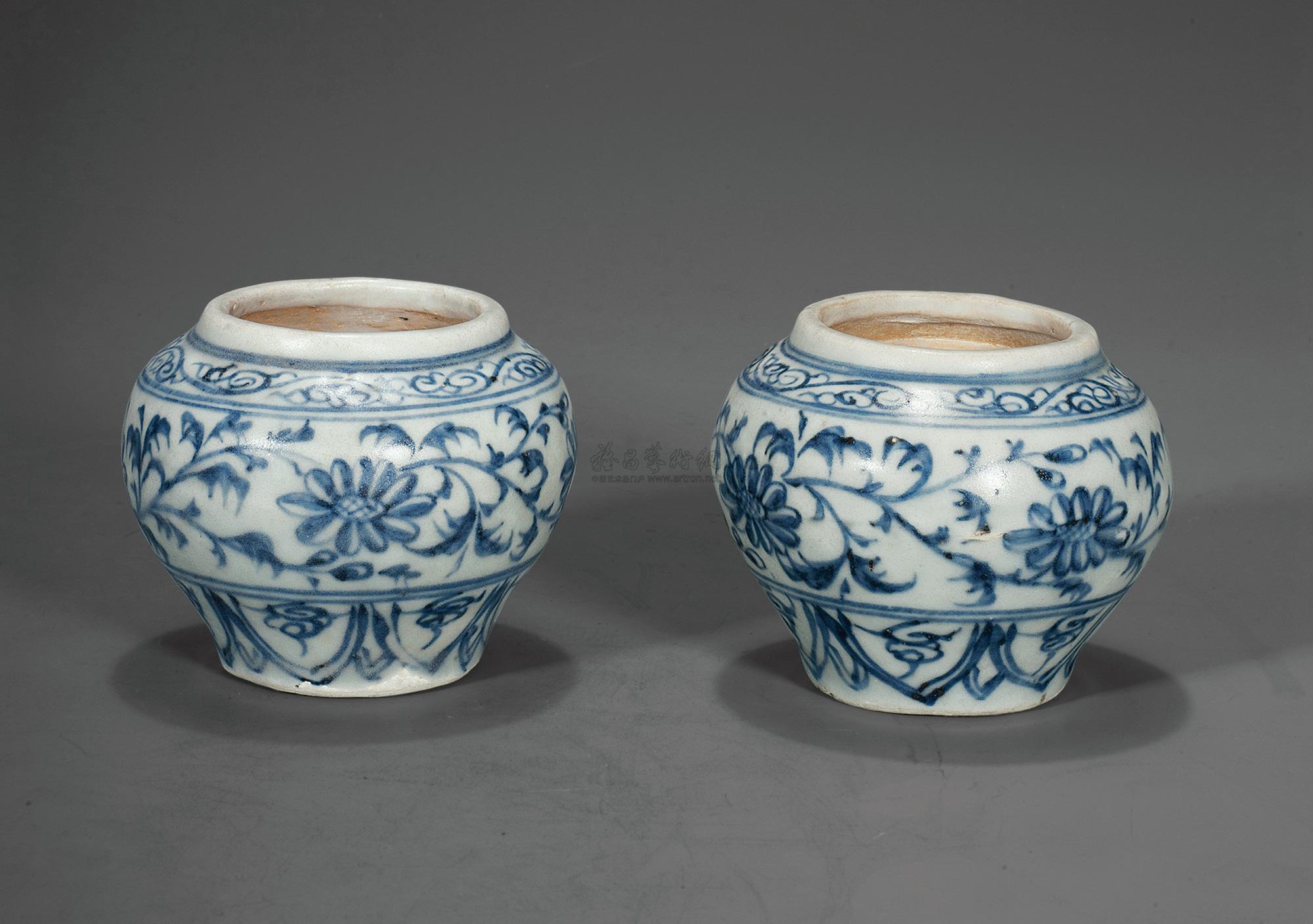 【元 青花缠枝菊纹小坛 (一对)】拍卖品_图片_价格_鉴赏_元代以前陶瓷