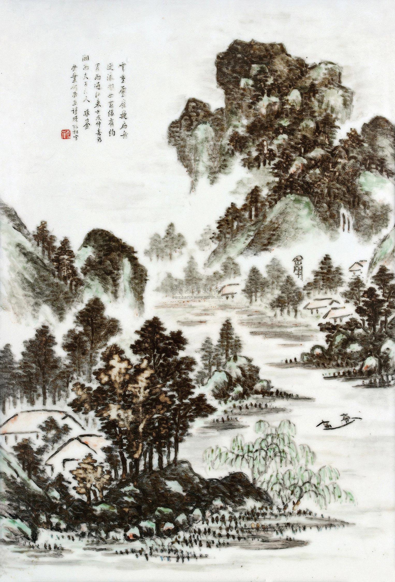 0896民国陈松浅绛彩山水瓷板