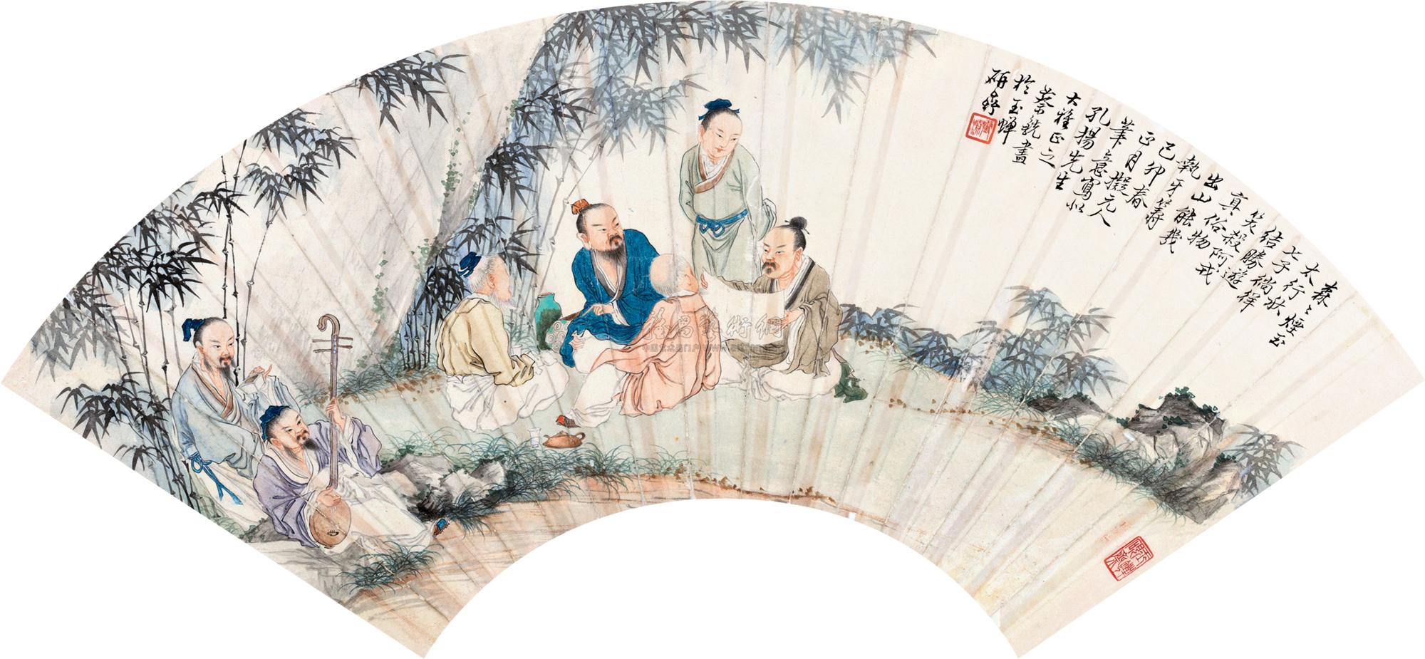 0045竹林七贤 扇面镜片 设色纸本