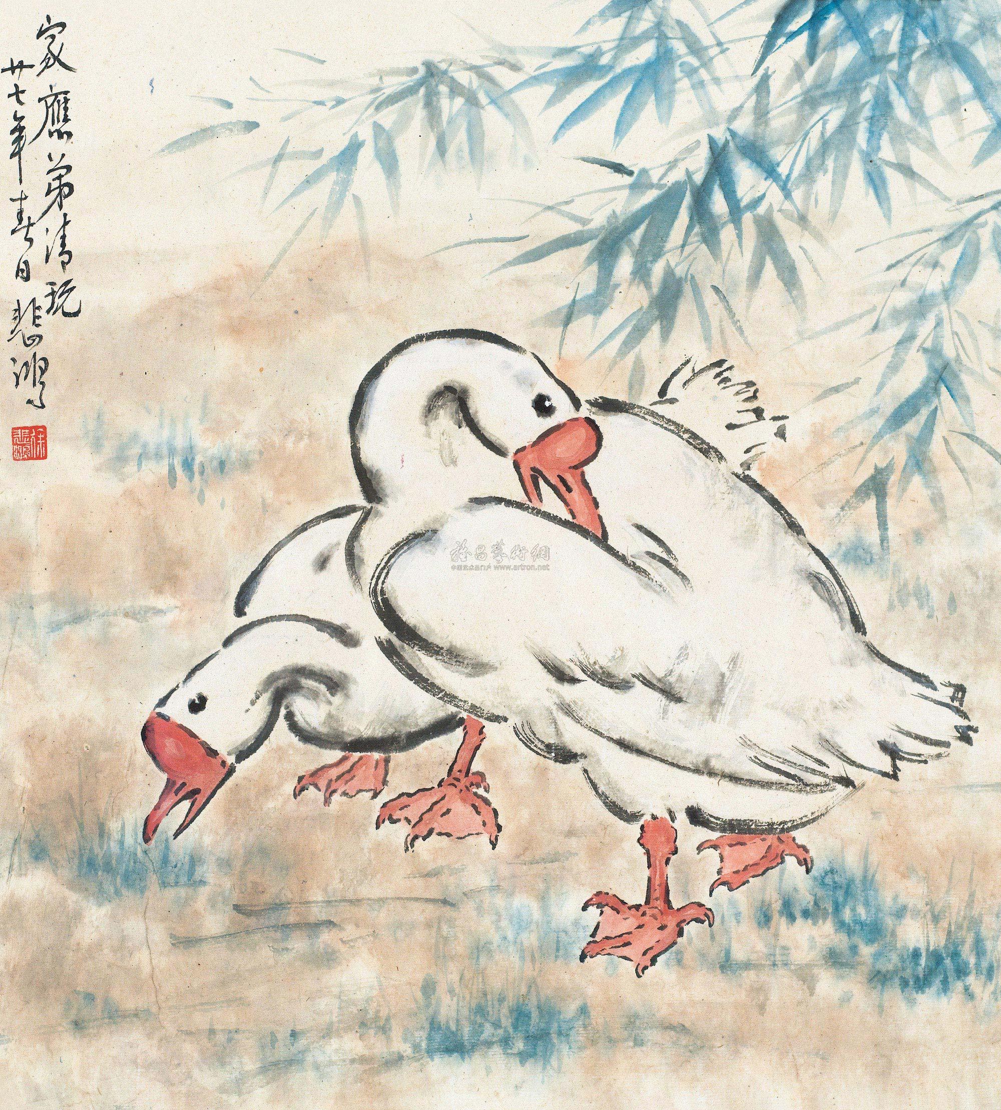 01271938年作双鹅镜框设色纸本