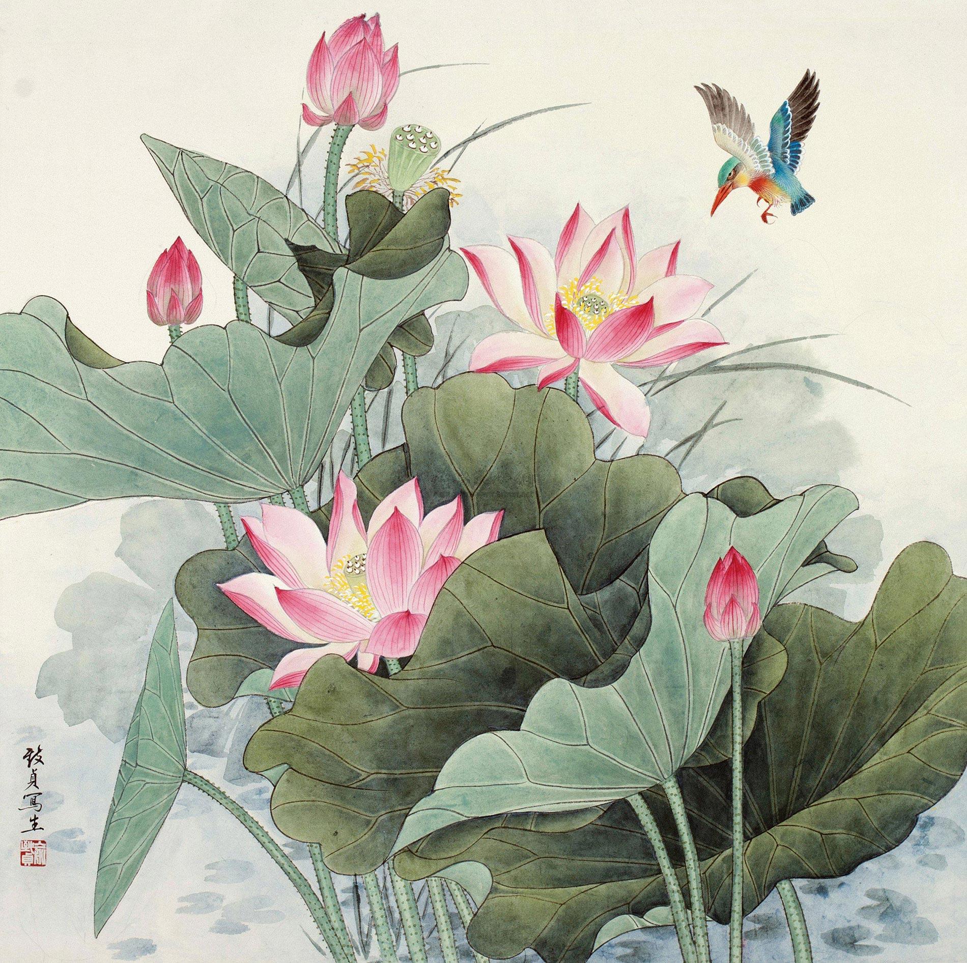 0634红荷翠鸟镜心纸本