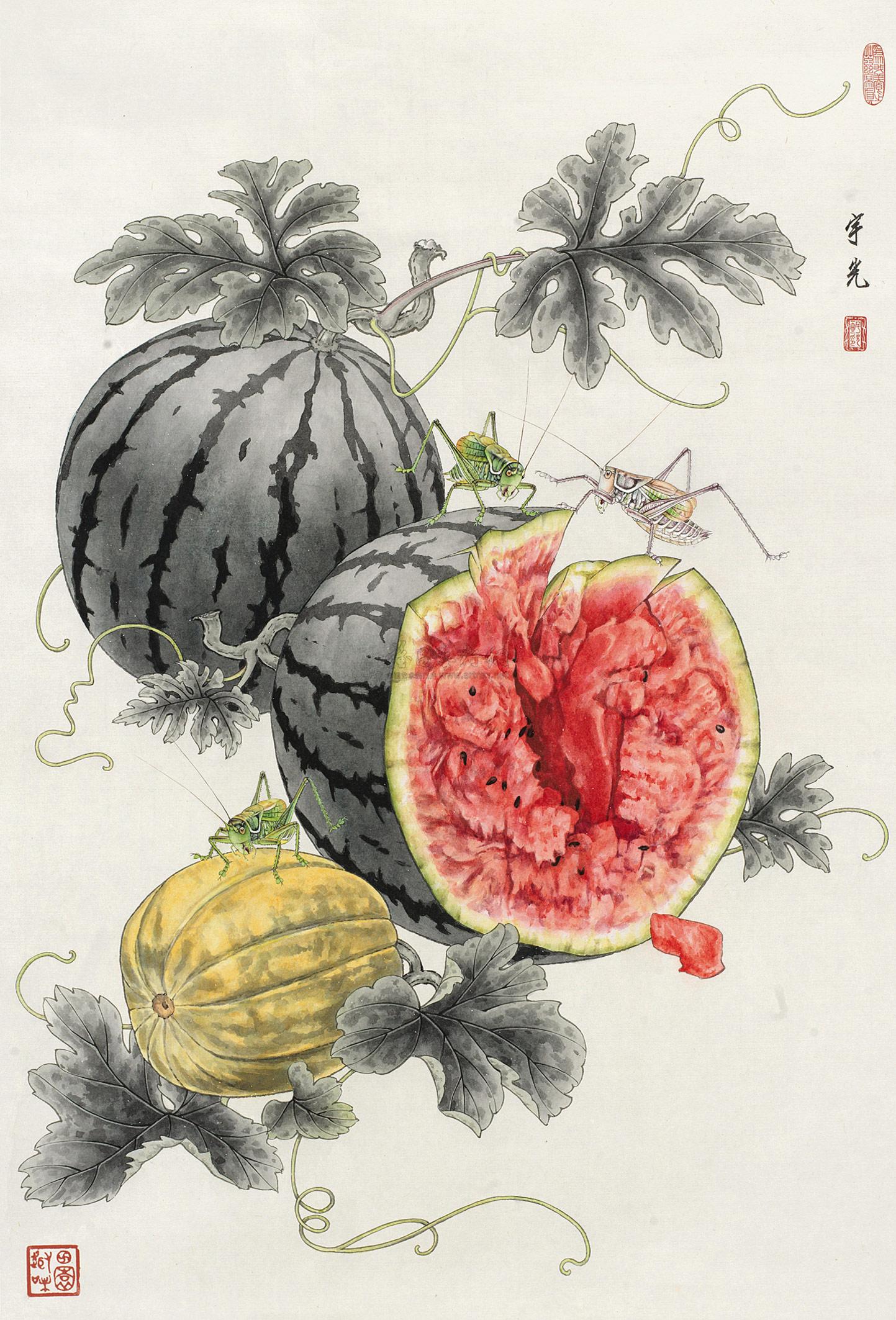【西瓜甜瓜蝈蝈 镜心 设色纸本】拍卖品_图片_价格_鉴赏_绘画_雅昌
