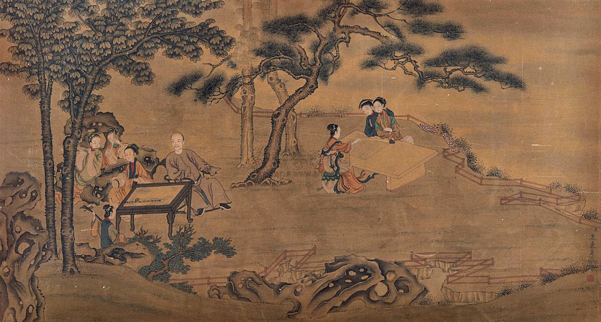 8661荷亭松下对弈图