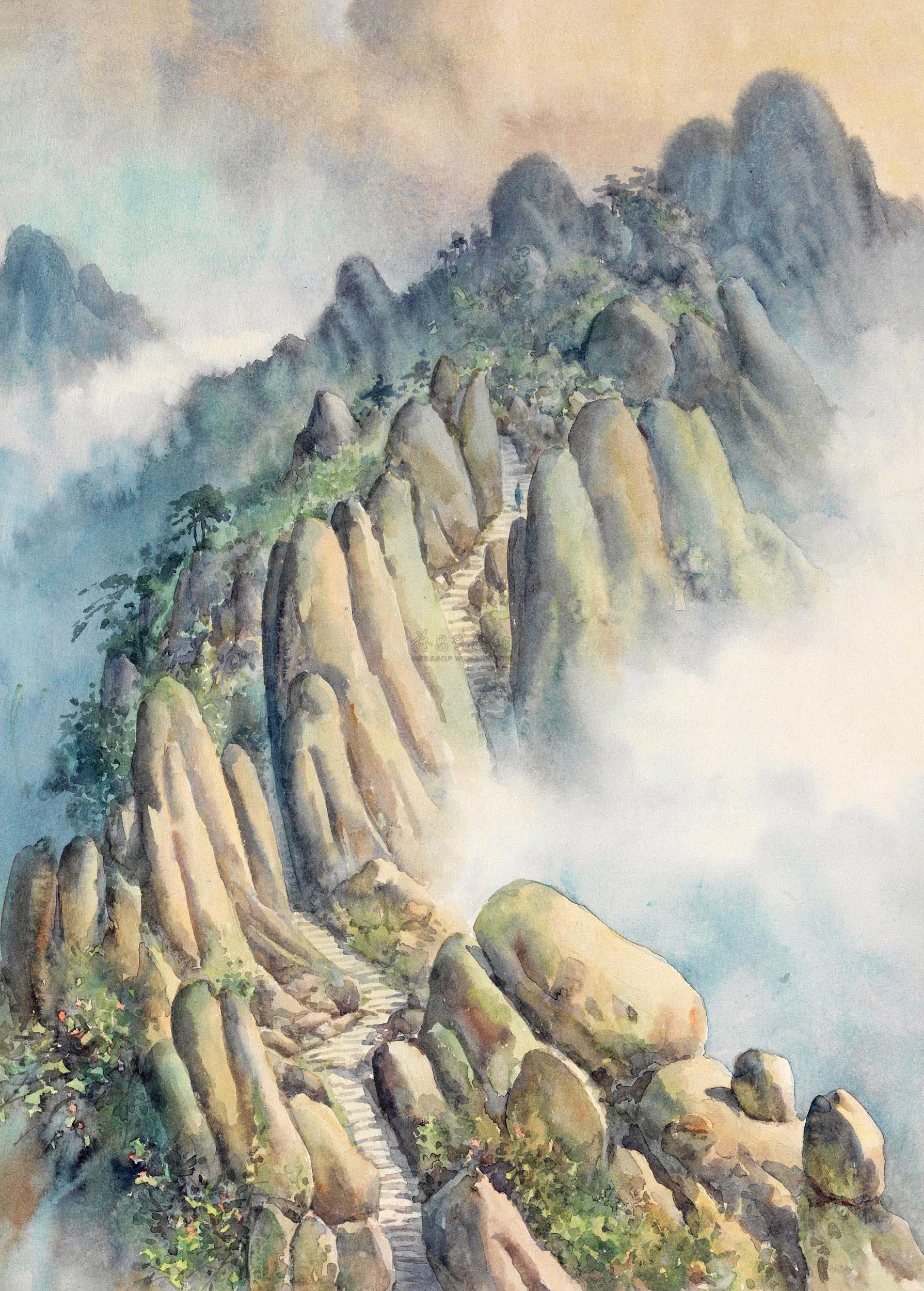 【1963年作 黄山千层梯 水彩 纸本】拍卖品_图片_价格_鉴赏_水粉水彩