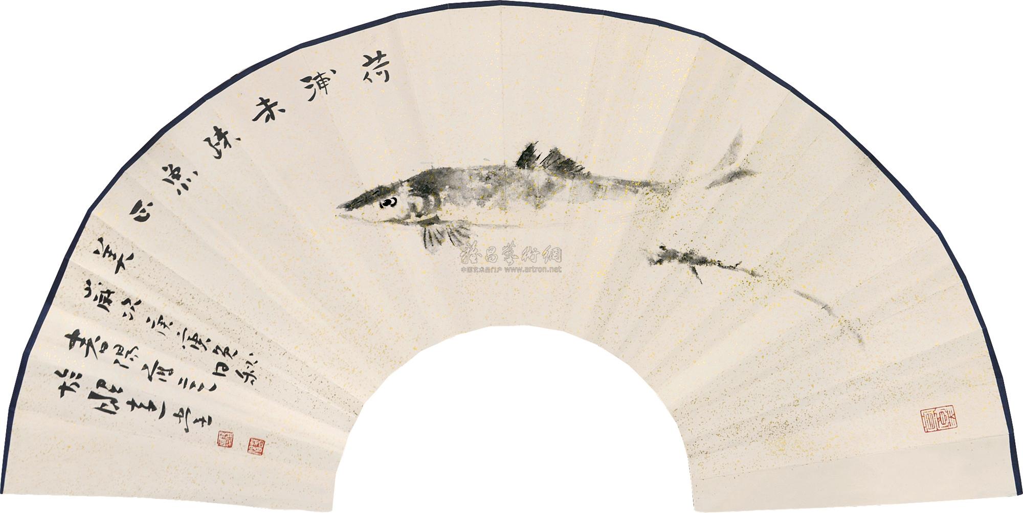 0092鱼扇面水墨纸本