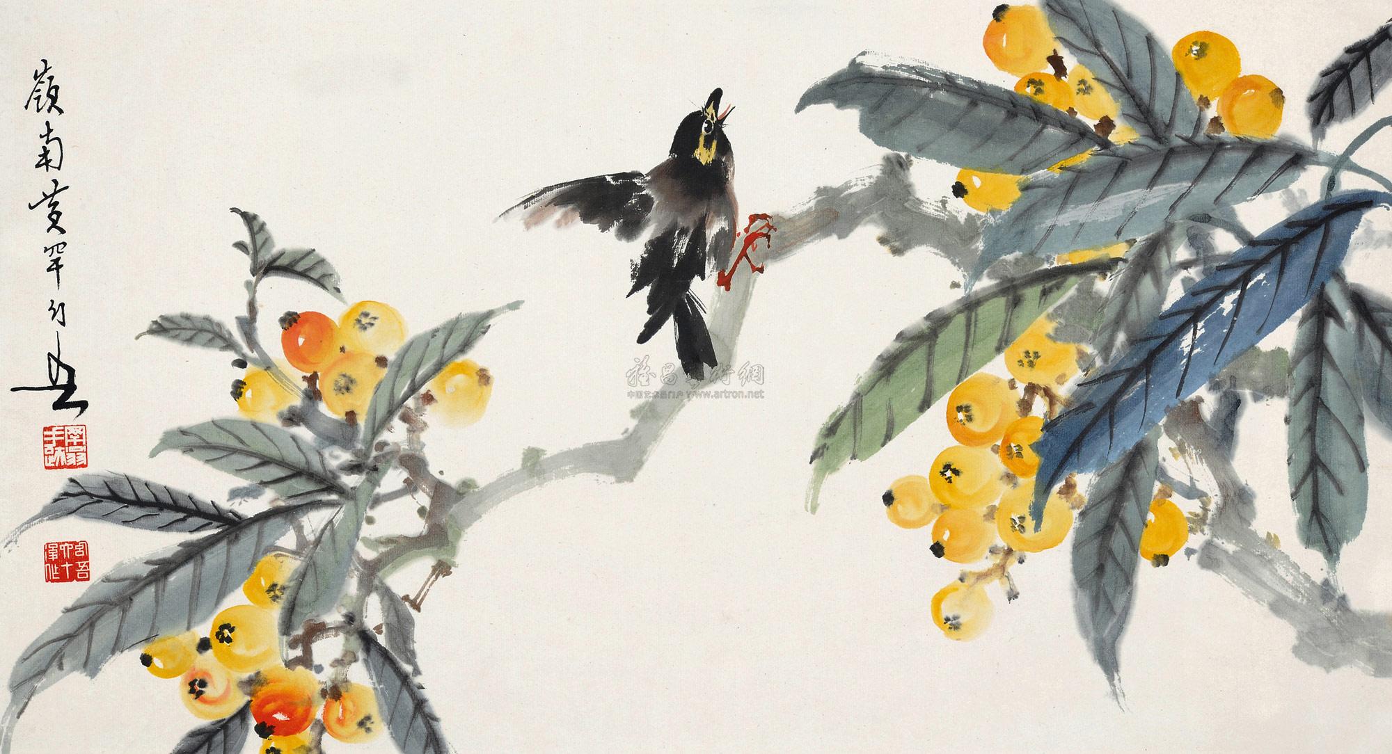 0485 枇杷小鸟 镜片 设色纸本