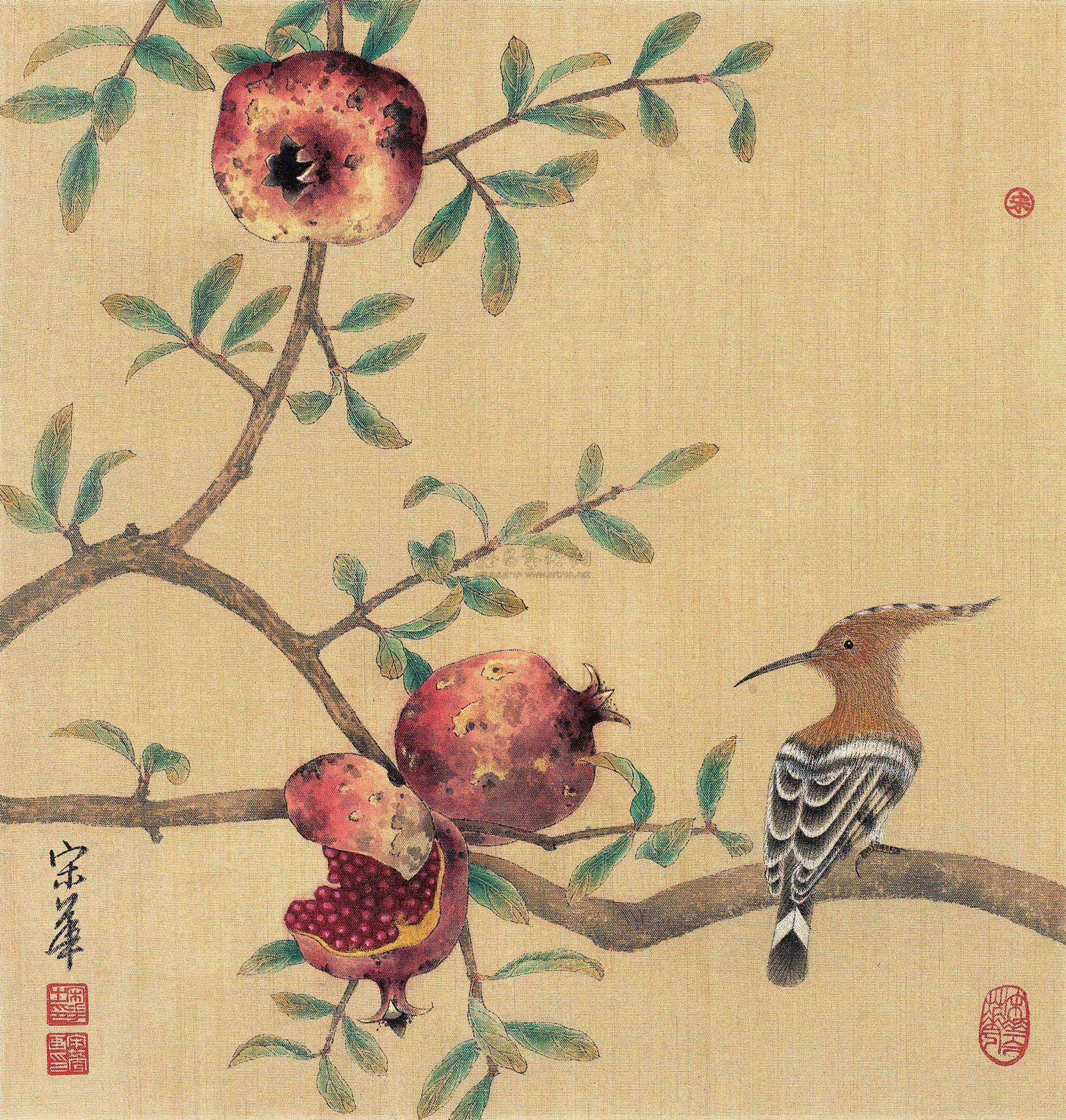 0177多子戴胜镜片设色亚麻布