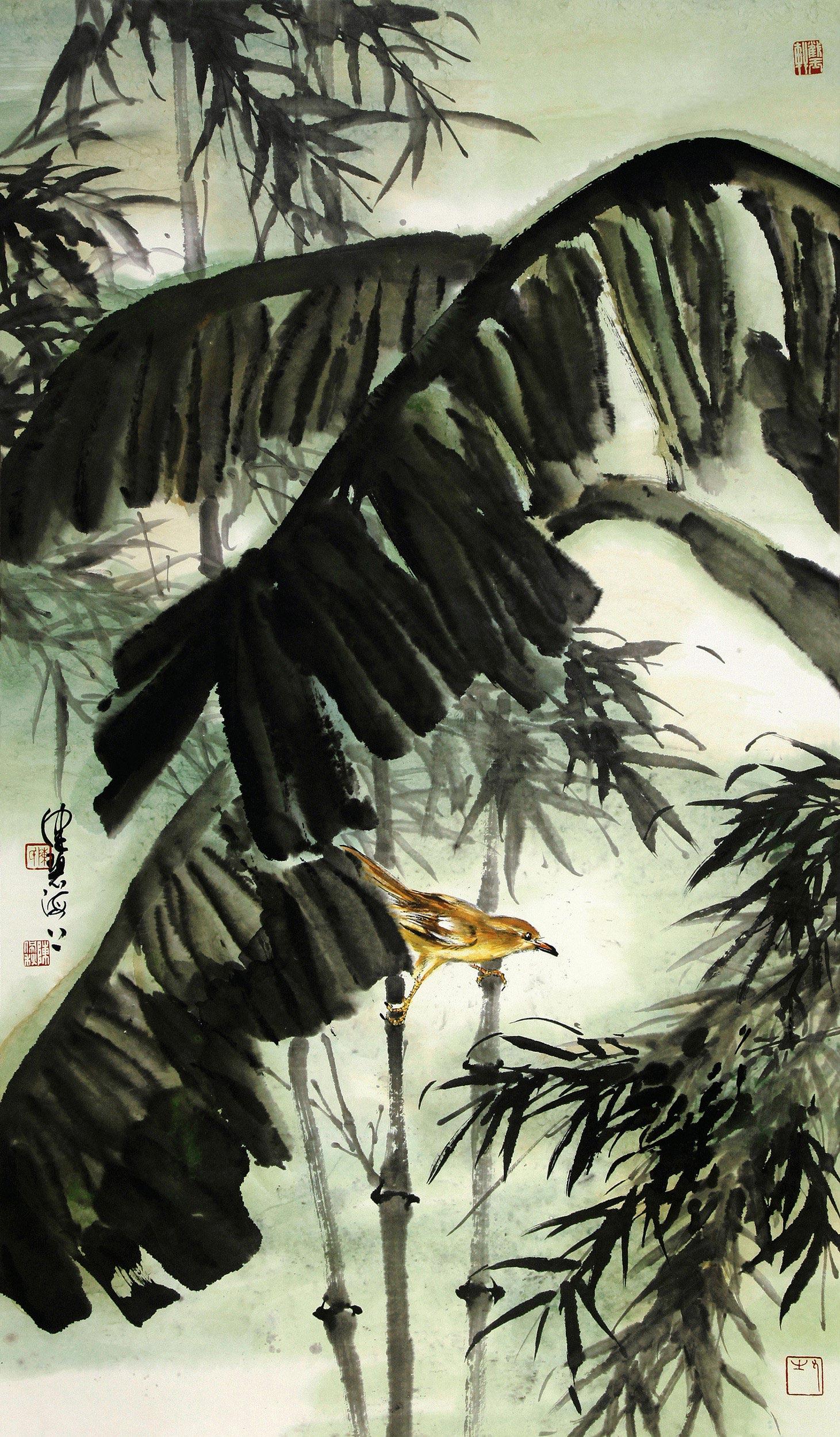 0003 芭蕉花鸟 立轴 设色纸本