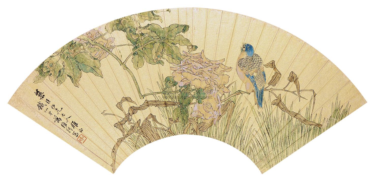 0066芙蓉青巫鸟扇面设色金笺