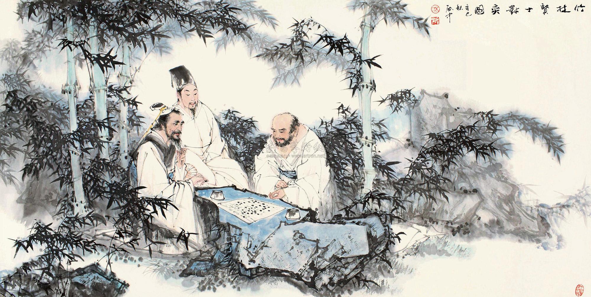 0655贤士对弈图镜片设色纸本