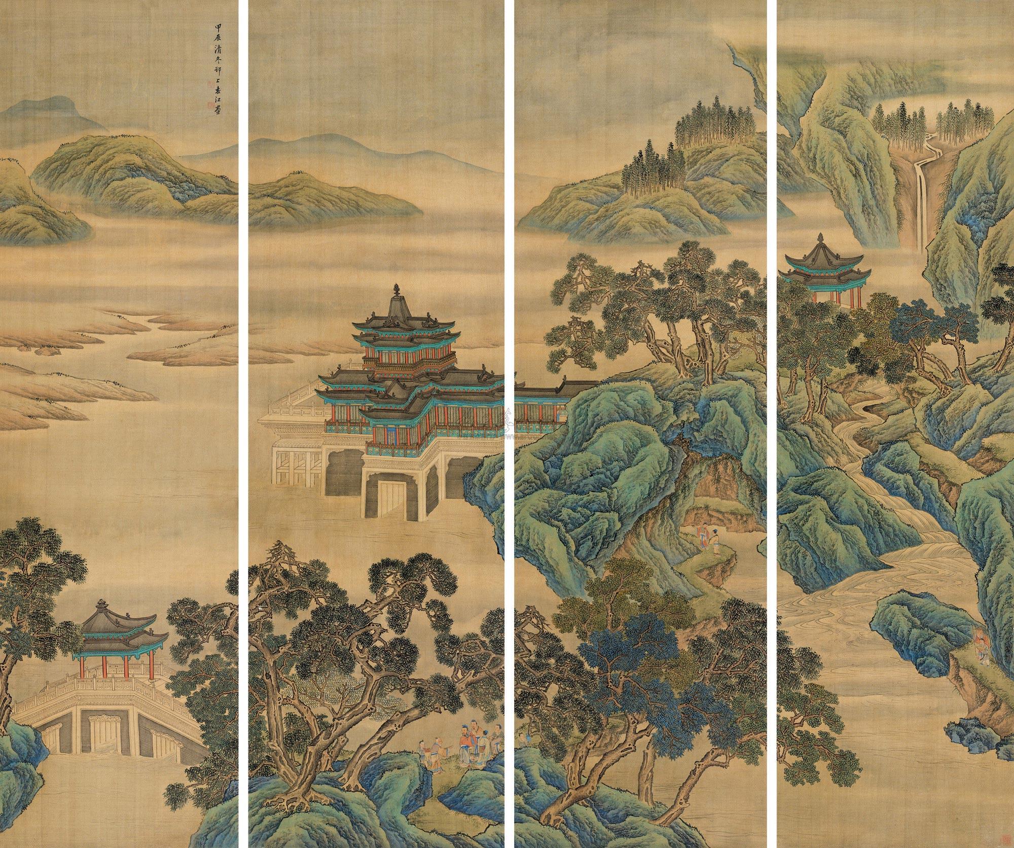 【青绿界画 通景四屏立轴 设色绢本】拍卖品_图片