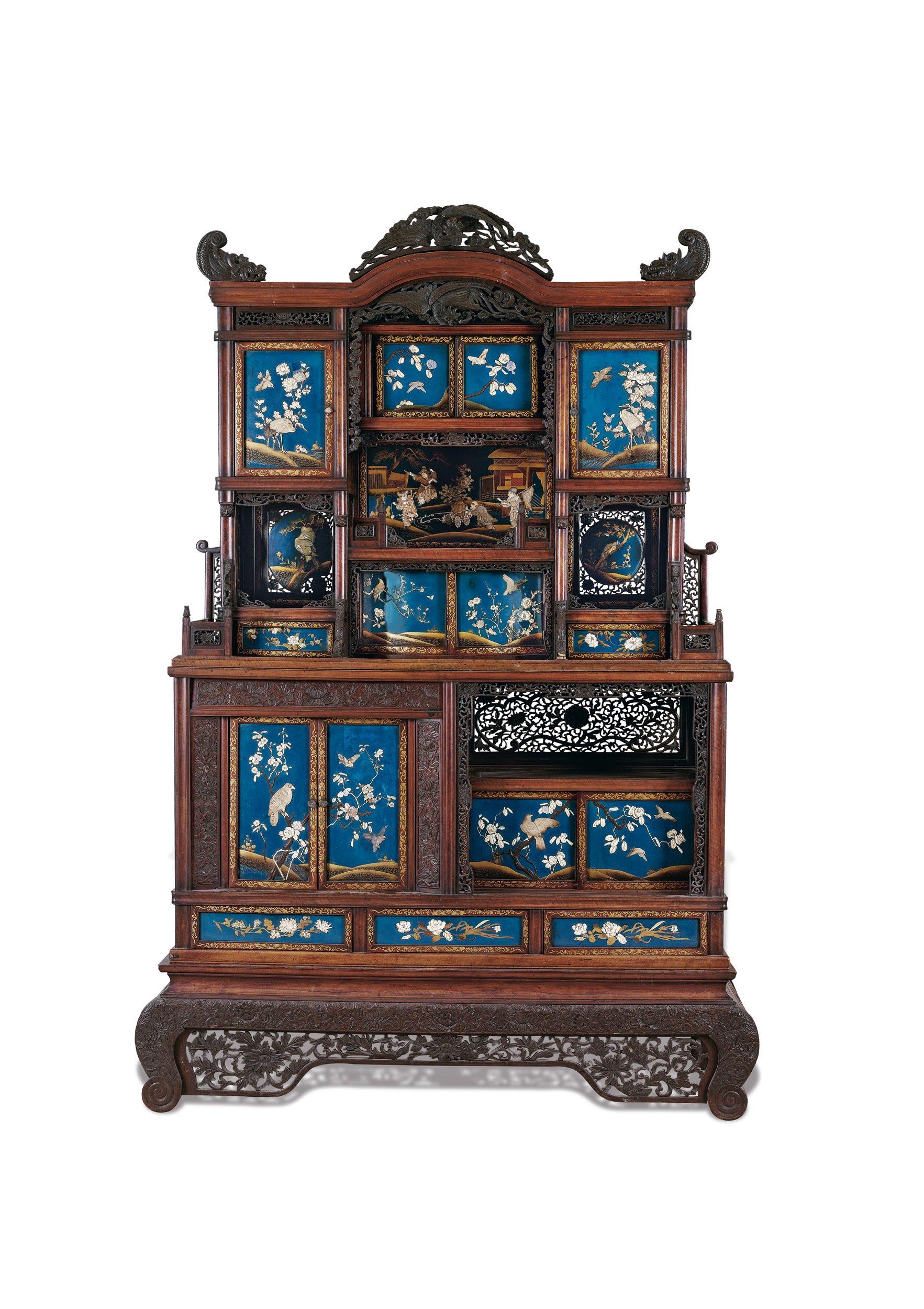 【19世纪 硬木蓝地嵌八宝花鸟纹柜】拍卖品_图片_价格_鉴赏_古典家具