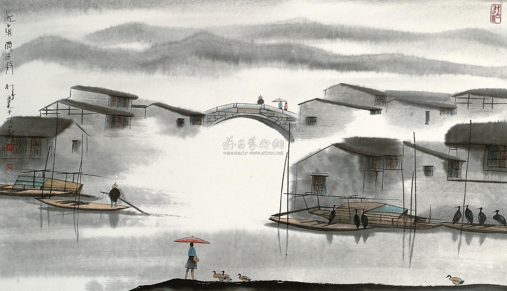 0312江南雨雾镜片设色纸本