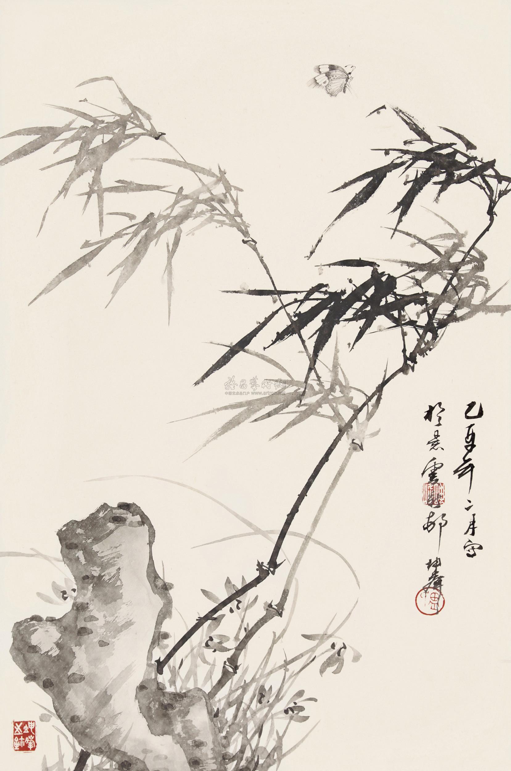 【2005年作 兰竹引蝶至 镜框 水墨纸本】拍卖品